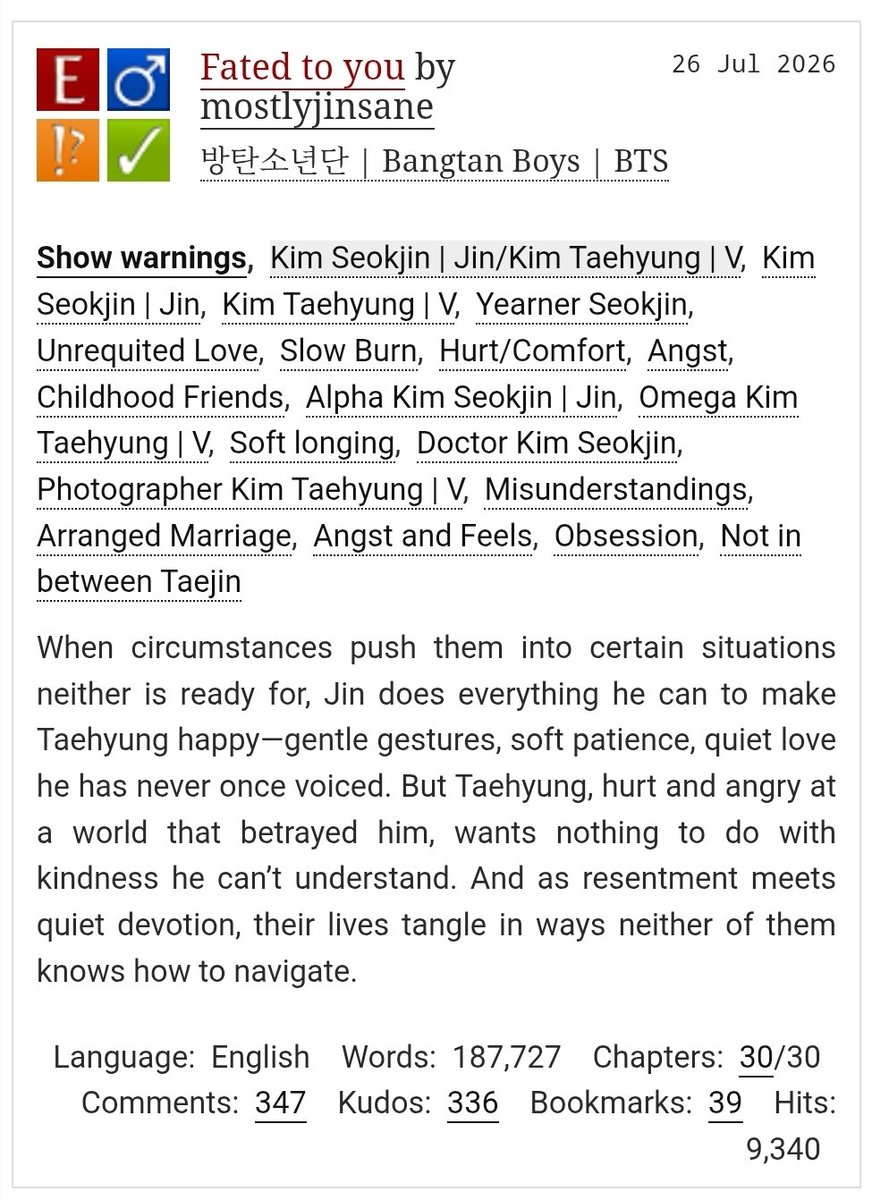 faIlingbyjk's tweet photo. @ao3org Fated to you by mostlyjinsane - 방탄소년단 | Bangtan Boys | BTS https://t.co/bWHeC4XFYq #taejin https://t.co/YiTGcpwYSE