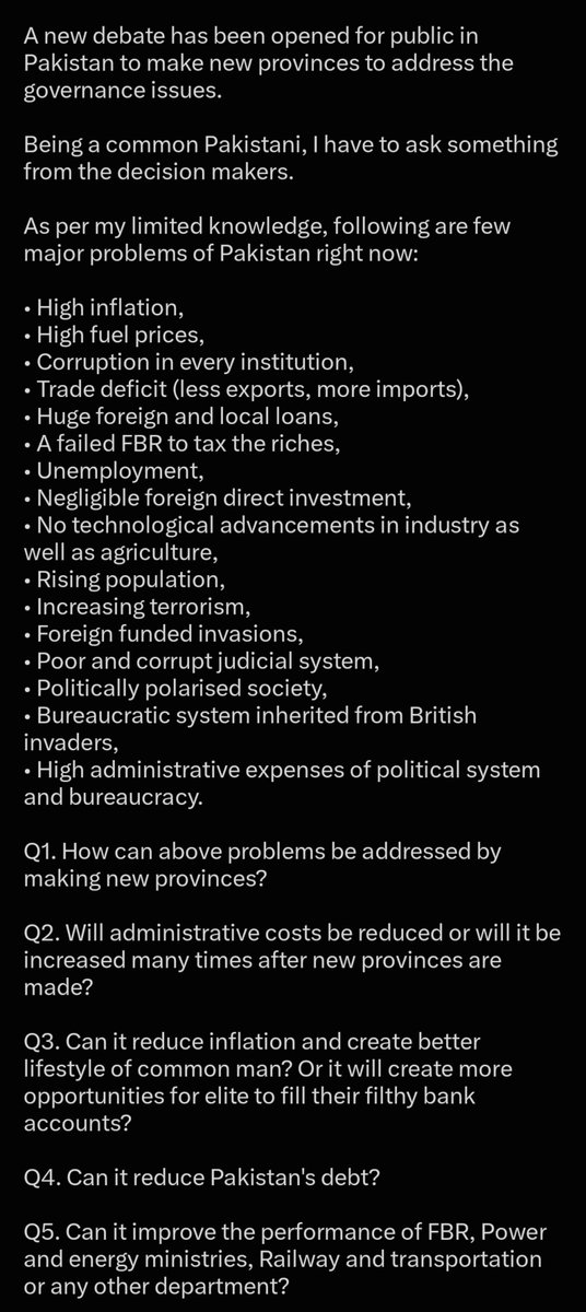 dukeahmad's tweet photo. A new debate has been opened by the elites to create new provinces in Pakistan. 

Here are my initial thoughts about the issue. 👇 https://t.co/WPGpo1PCP7
