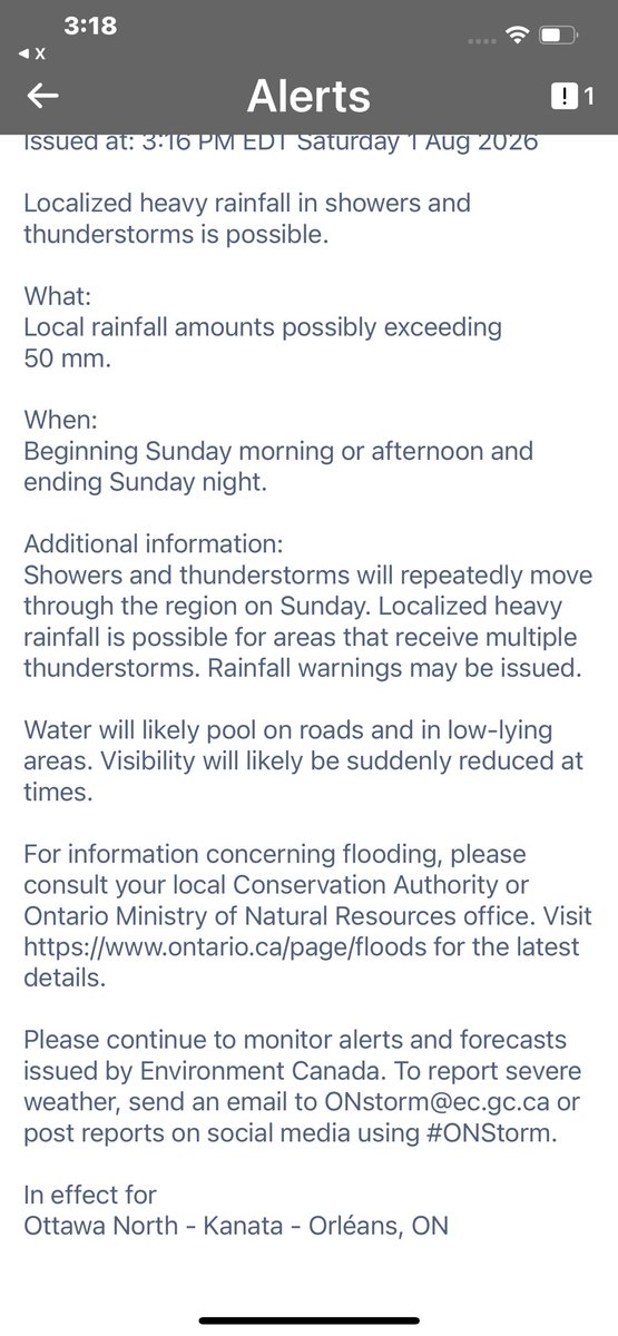 BlacksWeather's tweet photo. A Special Weather Statement for the potential for heavy Rain in Ottawa developing Sunday has just been issued. #ONStorm https://t.co/zWfGeE6sXl