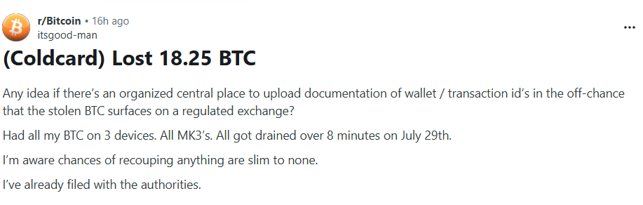TedPillows's tweet photo. Someone lost 18.25 $BTC worth $1,140,000 after Coldcard wallet vulnerability.

Entire savings gone in a few minutes.

Really Sad. https://t.co/P4B6SB43nd