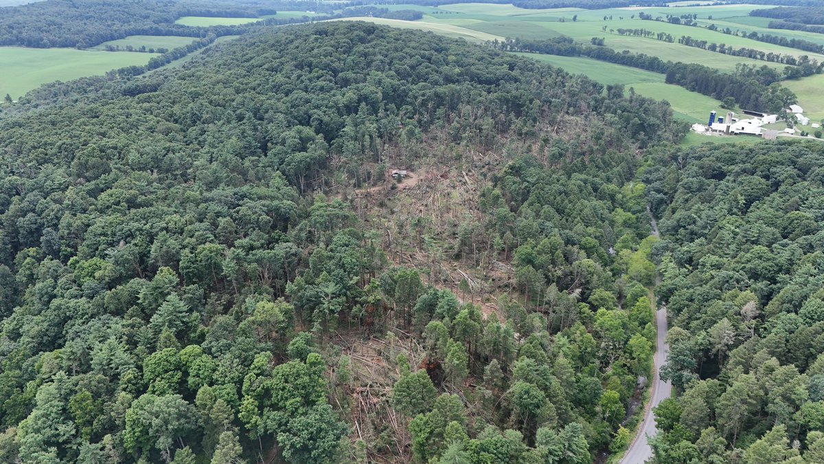 nickwilkeswx's tweet photo. I’m in Altoona this weekend for a cookout, so I figured I’d take my drone over the damage path of the Huntingdon Furnace, PA EF-2 that happened on July 18th. The entire hillside was mowed over. #CTPwx #PAwx https://t.co/EBsCcTHGVg