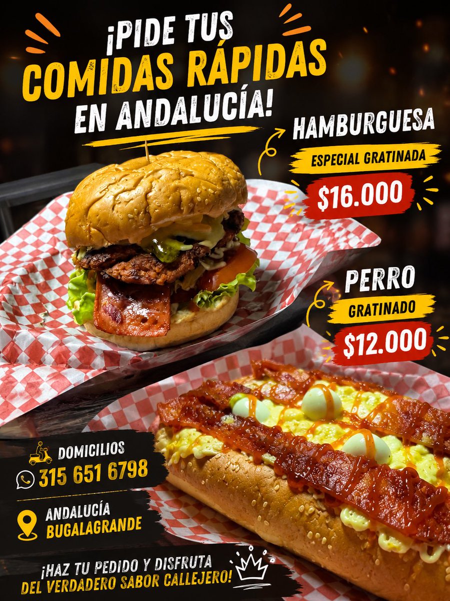 FilmsTecno's tweet photo. 🍔🌭 ¡Pide tus comidas rápidas en Andalucía!

🍔 Hamburguesa normal $13.000
🧀 Hamburguesa especial gratinada $16.000

🌭 Perro especial $10.000
🧀 Perro gratinado $12.000

🛵 Domicilios: 315 651 6798
📍 Andalucía – Bugalagrande https://t.co/aB8RJEIizG