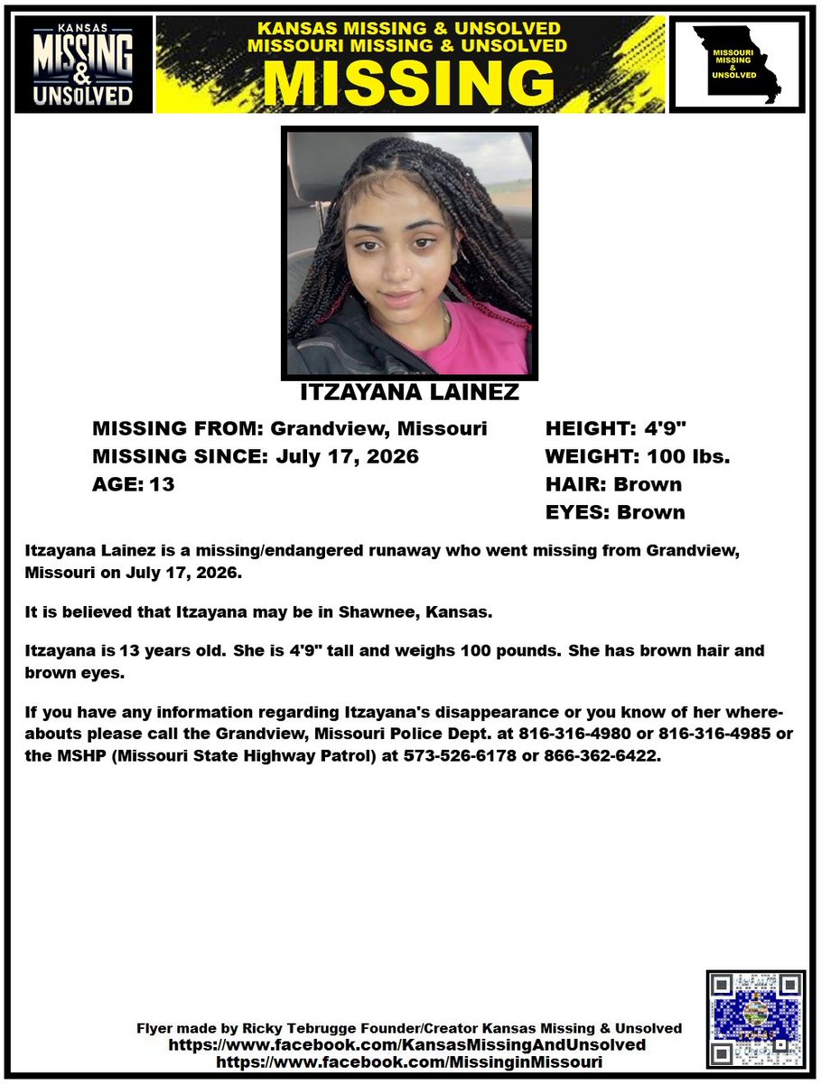 KansasMissing's tweet photo. #MISSINGPERSON #MISSING PLEASE SHARE/PRINT/POST!!! ITZAYANA LAINEZ (GRANDVIEW, MISSOURI)!!!
#KansasMissing
#MissingInKansas
#MissingKansan
#MissingInMissouri
#Grandview
#Missouri
@AnnetteLawless https://t.co/YJc7GU0AfU