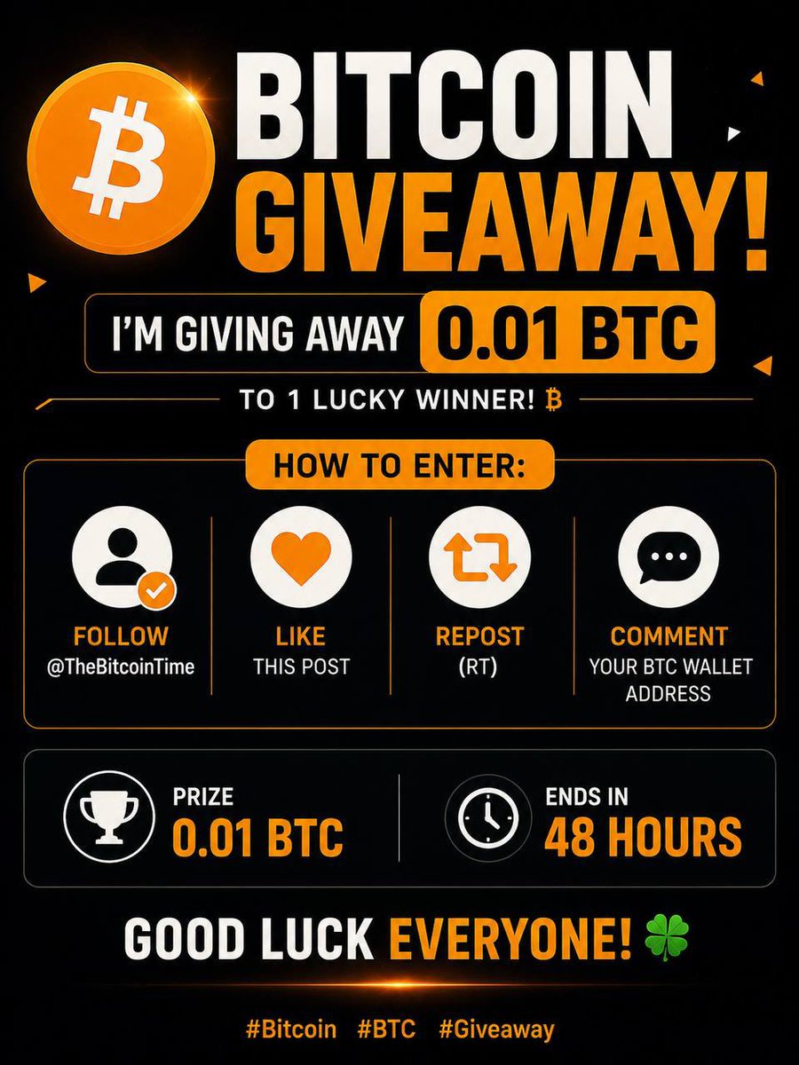 connorcrd's tweet photo. 🎉 BITCOIN GIVEAWAY 🎉

To celebrate our amazing community, I’m giving away 0.01 BTC to 1 lucky winner! 

How to enter:
✅ Follow @TheBitcoinTime
❤️ Like this post
🔁 Repost (RT)
💬 Comment your BTC wallet address

🏆 Prize: 0.01 BTC
⏰ Ends: 48 Hours

The winner will be selected randomly and announced after the giveaway ends.

Good luck, everyone! 🍀

#Bitcoin #BTC #Giveaway