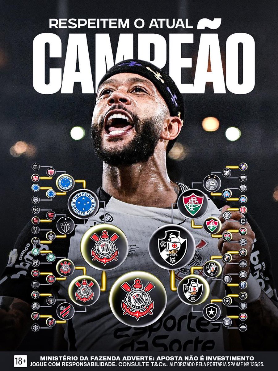 EsportesDaSorte's tweet photo. TEM QUE RESPEITAR O ATUAL CAMPEÃO! 🦅🏆

Chegamos nas oitavas da Copa do Brasil e nada melhor do que relembrar a caminhada do tetra em 2025.

Campanha que estará eternamente dentro dos nossos corações! 🖤🤍

#VaiCorinthians https://t.co/EnOLDWr3QW
