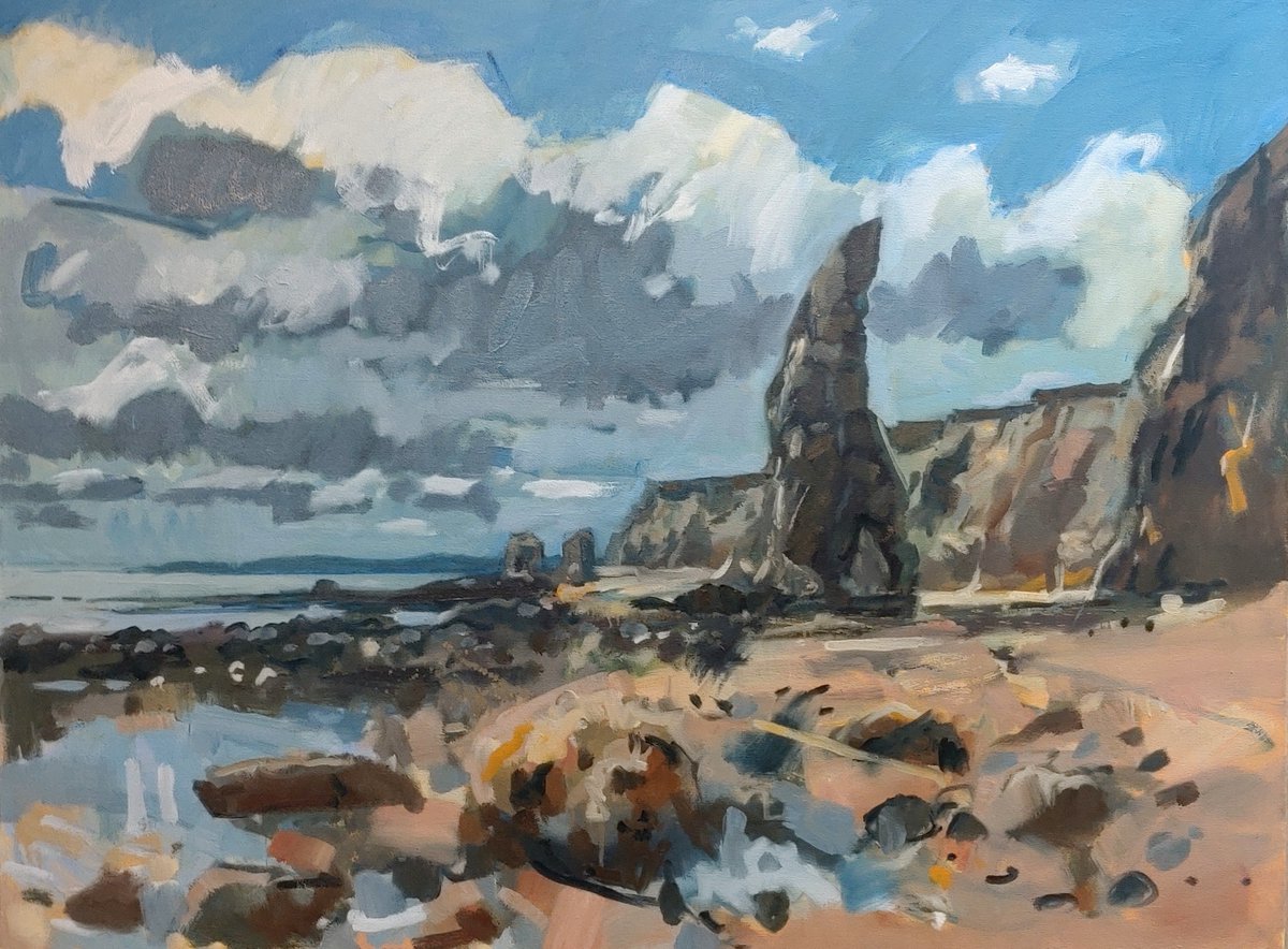Chainsaw_McGinn's tweet photo. Work in progress. 3 x 4 coastal landscape commission. Biggest canvas I've worked on in decades. Triggered fond memories of art student days, finding inspiration from the coast around Sunderland. Planning more and have the next canvases primed. #landscapepainting #wip #Ryhope https://t.co/2N36HyeQAn