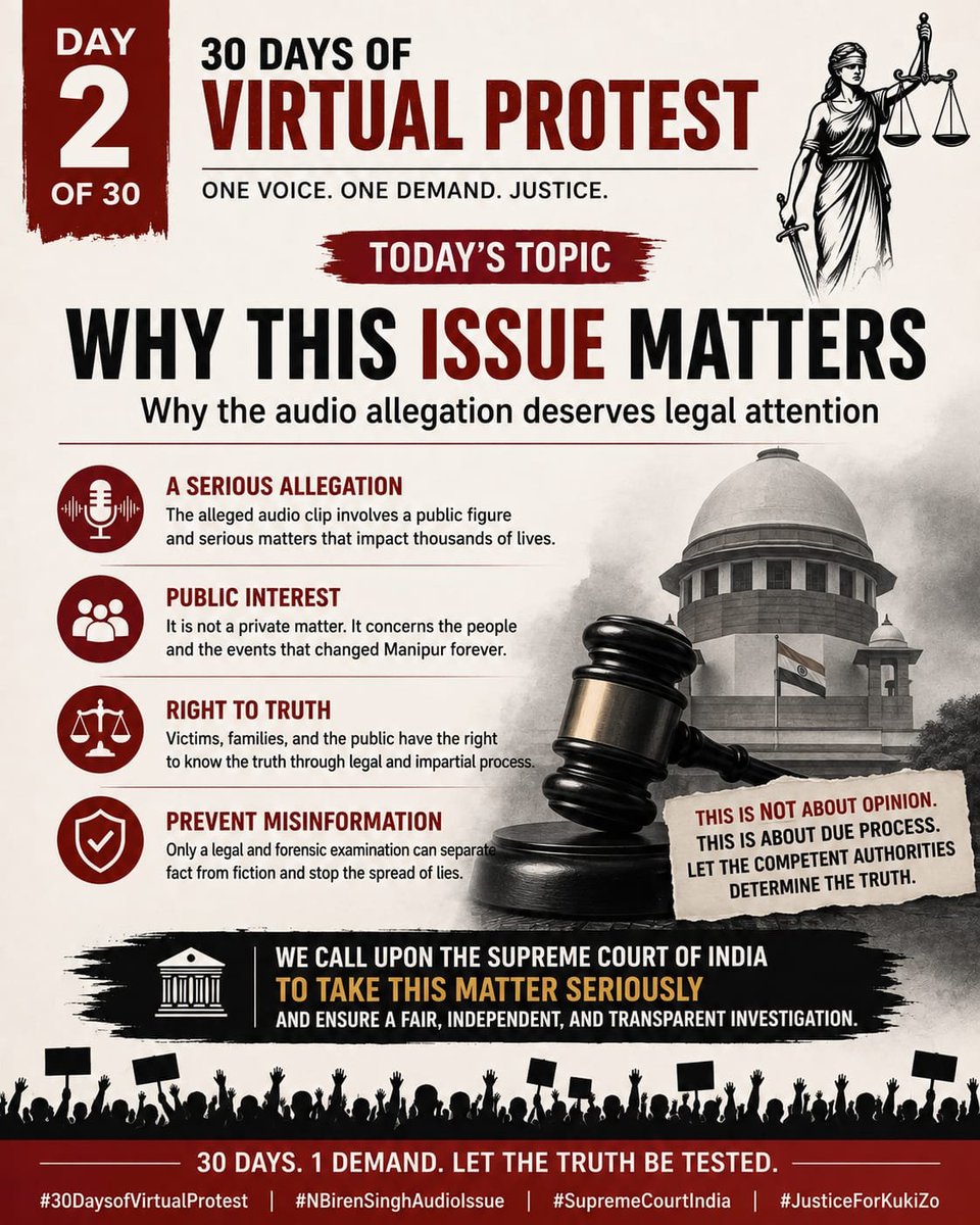 chinkukimizogin's tweet photo. 🚨 DAY 2/30

Why does this issue matter?

Because an alleged audio involving a former public office-holder and matters connected to Manipur deserves proper legal attention.

Not rumours. Not assumptions.

Let the evidence be examined and the truth established.

#30DaysofVirtualProtest #NBirenSinghAudioIssue #SupremeCourtIndia