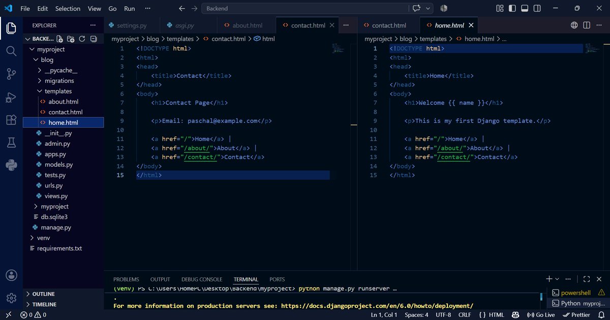 Oc_paschal_code's tweet photo. Day 16 Learning Backend (Python)

Today, I learned about Django Templates and how they are used to display HTML pages instead of returning plain text responses.

I also learnt how to create and connect templates to views, and pass data from a view to a template. https://t.co/nj6N9SI0Xq