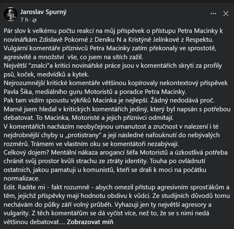 Ro_Kolar2's tweet photo. Potvrzuji tu ohromnou agresivitu Motokomunistů + vím moc dobře, že masivně využívají falešné účty, a to i k nahlašování oponentů za všechno možné, opakovaně jsem měl kvůli nim postihy, či omezení "za spam"...

Navíc si rádi hrají na pravici a antikomunisty, špiní Pavla, ale přitom jsou ve vládě s udavačem StB....
Můj starší text: 
Motoristé a jejich levicové/komoušské kroky:
dosazování věrných bez kvalifikace na ministerstva (skladník Kubásek a další), cenzura nepohodlných novinářů, hanobení a ponižování demokratů, plivání na Ústavní zvyky, výhružky odebráním peněz těm, co vystoupí proti, výhružky odebráním dotací kulturní akci, kde diváci nereagovali dost soudružsky, vyhazovy z práce za vyjádření názoru (Abel), vyhazování odborníků, co se nepodvolí, kývnutí na "zestátnění" veřejnoprávních médií, kývnutí na vyšší schodky, kývnutí na vysoké dotace agropodnikům, zásahy do podnikaní (větrníky), státní trafiky pro věrné (Radim Fiala v ČEZ), porušování ústavních zvyklostí, poškozování základů dělení moci ve státě (útoky na ÚS), podpora cenzury (podpora cenzorů Vachatové a SOSP a jejich šíleného zákona o nezisku), omezování peněz na armádu, snaha kecat do autonomie vysokých škol...
A jeho víc a víc - programové prohlášení vlády, které Motoristé také schválili a tam zestátnění ČEZ, či zavedení EET špehování...

Taky je třeba se orientovat podle toho, jaký vytváří dluh a kam se zaměřují ohledně směřování země - očividně Rusko a Čína, kde je teď Okamura z "pravicové tradiční rodinné nacionální SPD". Žádná pomoc napadené Ukrajině (krom peněz na 1 raketu do Patriota ve výši 140 milionů), ohrožování naší bezpečnosti, pořád žádný zákon proti ruským agentům u nás.
