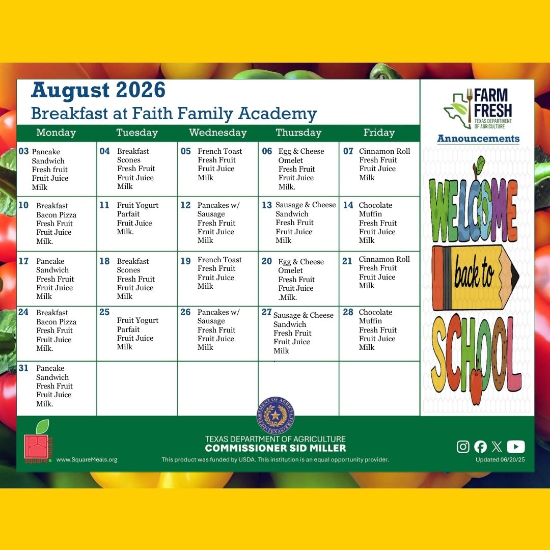 FaithFamilyAcad's tweet photo. 🦅 New year, new menu! August menus are here, featuring delicious, nutritious meals to keep our Eagles energized and ready to soar. See what’s being served this month! 🍎 

#StudentsFirstatFFA #GoldStandard #publicschools #openenrollment https://t.co/bHdwYjrBxG