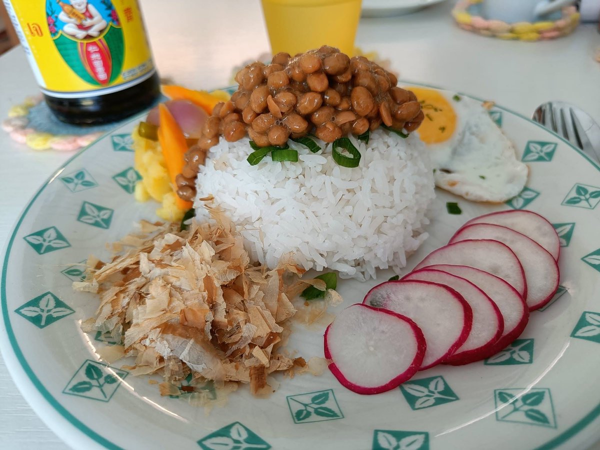 HilpoJuhana's tweet photo. Breakfast

Natto

Sides: jasmine rice, bonito flakes (katsuobushi), radish, a fried egg, and torshi.

The internet is half full of videos of people tasting surströmming (fermented baltic herring),

#natto #fermentation #japanesecuisine #breakfast #tasting 
1/11 https://t.co/7swJ54C3MJ