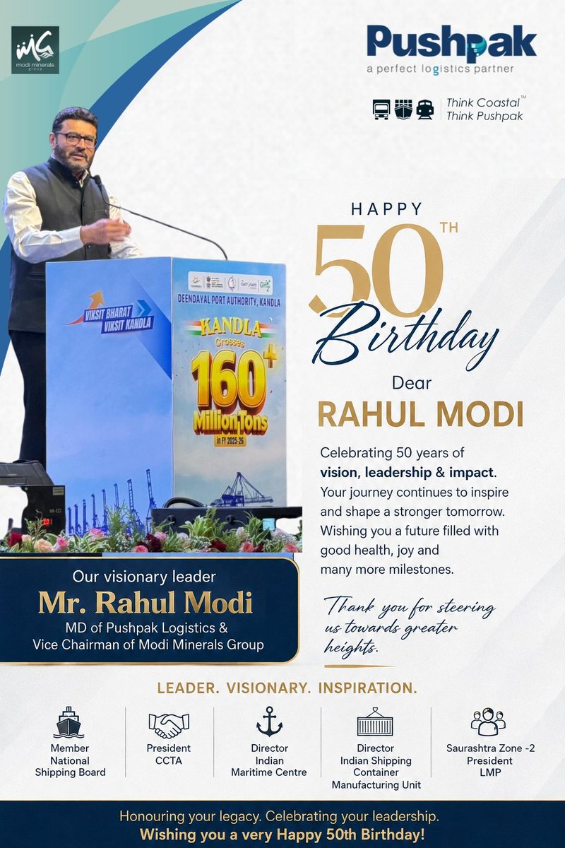 Pushpaklogist's tweet photo. Celebrating 50 remarkable years of vision, leadership, &amp; excellence. Your dedication, integrity, &amp; commitment to transforming India's logistics and maritime industry continue to inspire us all.
Wishing you good health, happiness, &amp; many more milestones ahead. 
#Happybirthday https://t.co/ElH6066ove