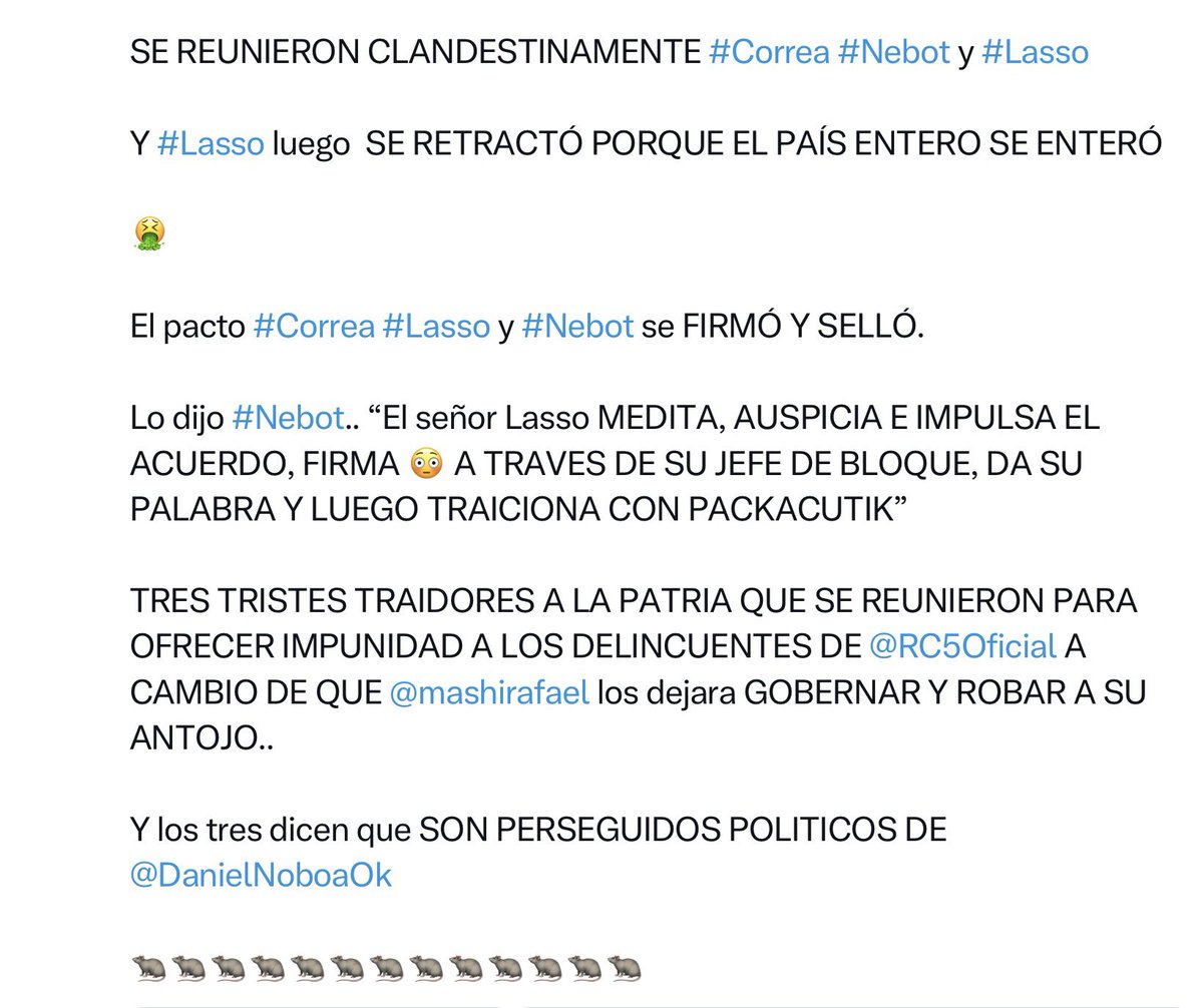 elinformante84's tweet photo. Es importante aclarar que #GuillermoLasso fue calificado por la mayoria de los ecuatorianos como un PRESIDENTE TIBIO Y BLANDENGUE PERO HONESTO..

Pues es bueno que abramos los ojos porque #Lasso de tibio NO TIENE NADA..un hombre que tuvo la audacia de reunirse con un CRIMINAL Y PROFUGO DE LA JUSTICIA COMO @mashirafael para PACTAR SU IMPUNIDAD Y ENTREGARLE LA @AsambleaEcuador A CAMBIO DE QUE LO DEJARA GOBERNAR Y DESMANTELAR EL ESTADO, NO ES #Tibio, es un CINICO CON CARA DE COJUDO BIEN ADMINISTRADA.

#Nebot dijo que #Lasso auspició y firmó el pacto y luego SE ASUSTÓ.

@VillaFernando_ dijo que #GuillermoLasso conocía sobre el caso #LeonDeTroya en el que está involucrado SU CUÑADO #DaniloCarrera y le ordenó a LA MADRINA #TanniaVarela ARCHIVARLO Y ESCONDERLO y luego de que lo hizo, LA CONDECORÓ.,