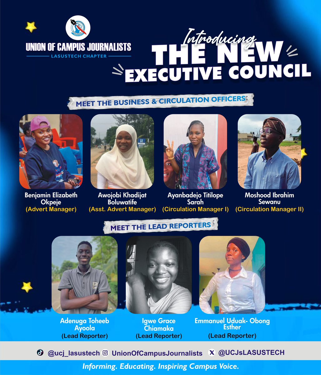 UCJsLASUSTECH's tweet photo. Power changed hands and the new UCJ executive council are here to serve the mass!💙📝#ucjlasustech https://t.co/fSSiHbjlwb