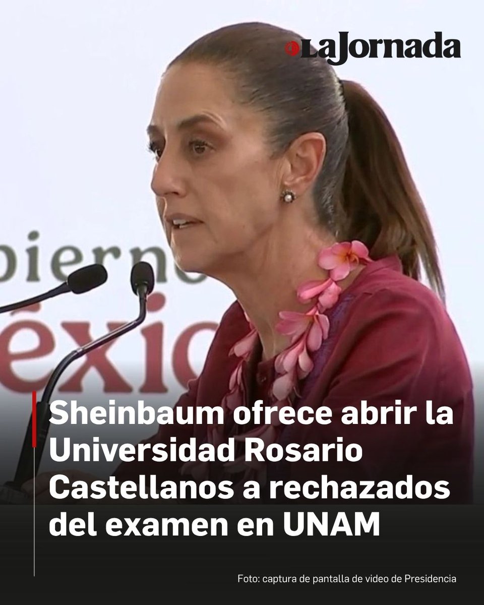 lajornadaonline's tweet photo. 🏫 ➡️ #Oaxaca | La presidenta Claudia Sheinbaum ofreció abrir la puerta de la Universidad Nacional Rosario Castellanos a los estudiantes que sean rechazados en su examen de admisión a la UNAM, con la intención de que puedan contar con una educación gratuita.

Después de que la UNAM anunció que aplicará un examen de control de forma presencial a cerca de 58 mil aspirantes, la mandataria informó que desde ayer pidió al titular de la SEP, Mario Delgado, “que se pusiera a trabajar con la rectora de la Universidad Rosario Castellanos” para lograr ese objetivo, así como con otras universidades que también quieran hacerlo.

Lee más aquí 👇
https://t.co/pxTLCn3xEc