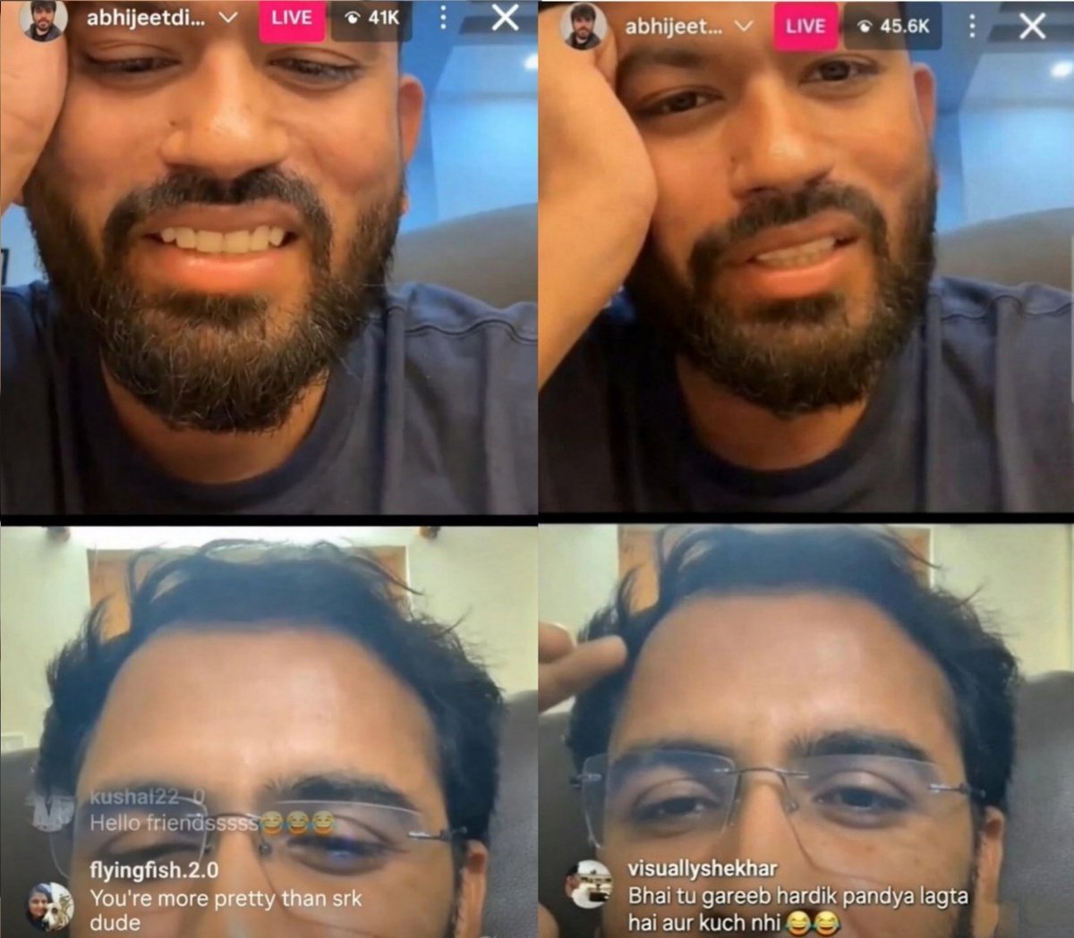 CourageousRo's tweet photo. WTF has just Happened on Abhijeet Dipke insta Live. HILARIOUS 😭😂🙏

- Abhijeet Dipke was saying that his friends tell him he looks like Shahrukh Khan

- Then A Girl commented "You're prettier than Sharukh khan"

- Dipke started blushing and feeling shy like a new Dulhan and said "itni tareef mat kro sharam aa rhi"😭

- Then a wild card entry happened and a guy commented "You look like poor Hardik Pandya, nothing else"

- Dipke got triggered with that comment and his face turned into anger from blushing

-He told his friend to block that guy from insta Live 😂

This same guy was making fun of Narendra Modi Facial expressions, Karma struck him and he got brutally Roasted by a guy on his own live.😭🙏
