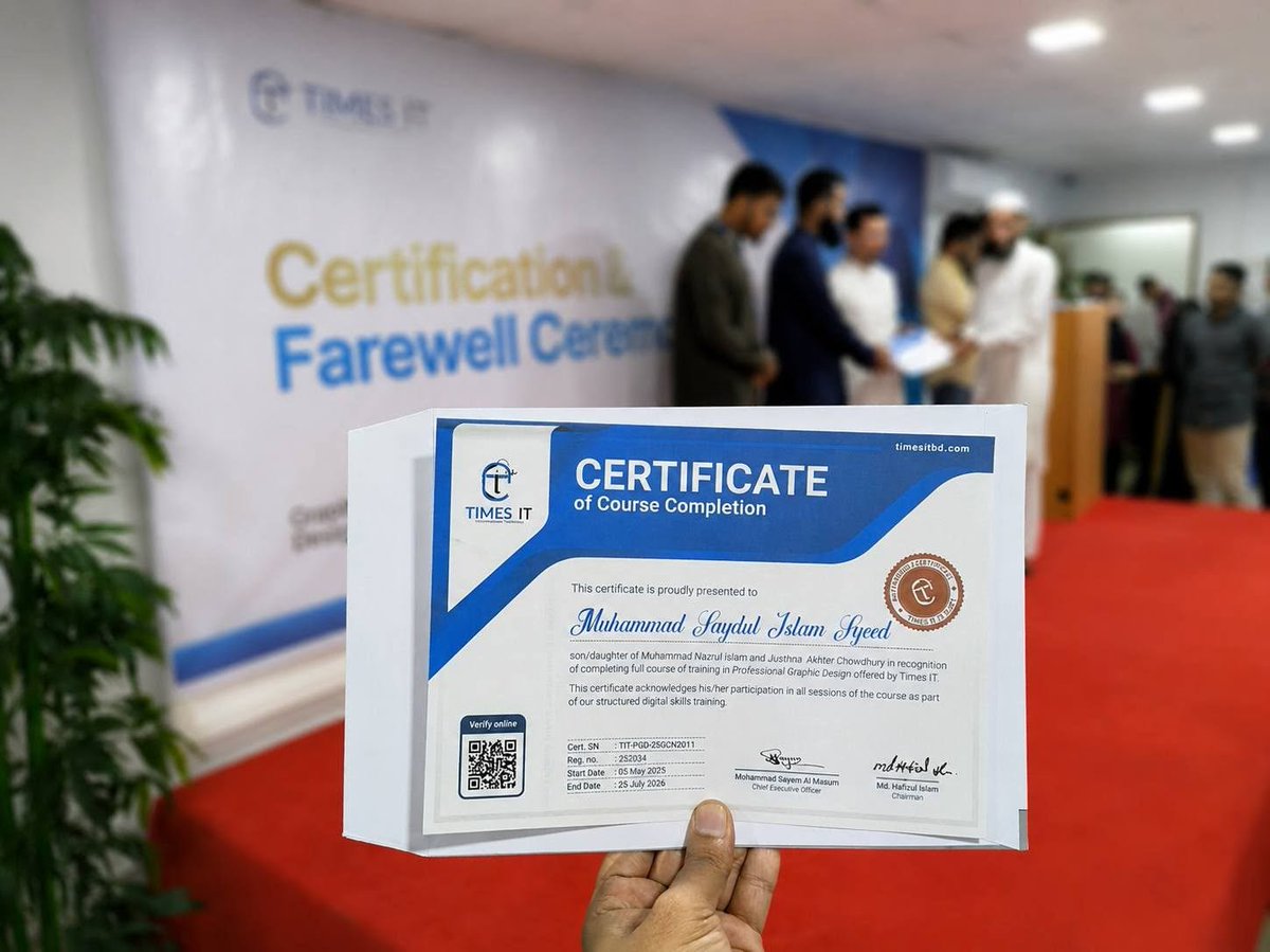 syeed1501's tweet photo. Alhamdulillah! 🤍🎓
After nearly one and a half years of dedication, patience,continuous learning, and hard work, I am grateful to have successfully completed the Professional Graphic Design course at Times IT and received my certificate. Alhamdulillah for everything.#SyeedPixels https://t.co/bUU6tN6s8H