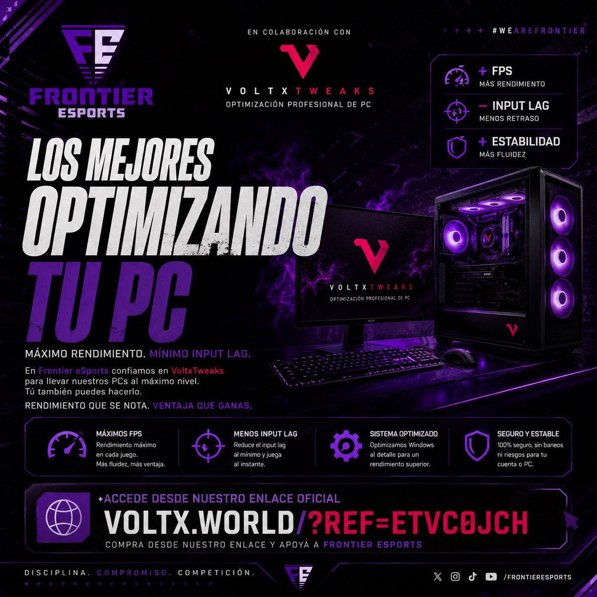 FrontiereSport's tweet photo. ⚡ En Frontier eSports confiamos en VoltxTweaks para llevar nuestros PCs al máximo rendimiento.

Si tú también quieres más FPS, menos input lag y una experiencia competitiva de otro nivel, accede desde nuestro enlace y, además, estarás apoyando al club. 💜

🔗 https://t.co/Rc3NmcgdFM

#WeAreFrontier #VoltxTweaks #PCGaming #Esports