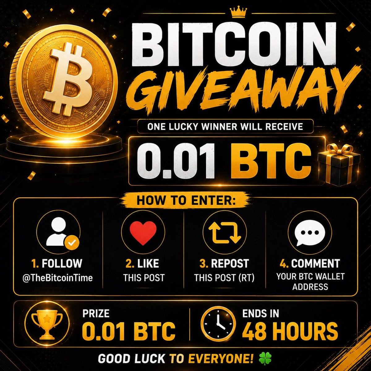 PiNetworkAlerts's tweet photo. 🚨 FREE BITCOIN ALERT 🚨

I’m giving away 0.01 BTC to celebrate our growing community.

Rules:
✅ Follow @TheBitcoinTime
🔁 Repost this post
❤️ Like
💬 Comment your BTC wallet

🏆 Prize: 0.01 BTC
⏳ Winner announced in 48 hours

Good luck! 

#Bitcoin #BTC #Crypto https://t.co/McKrRinm8p