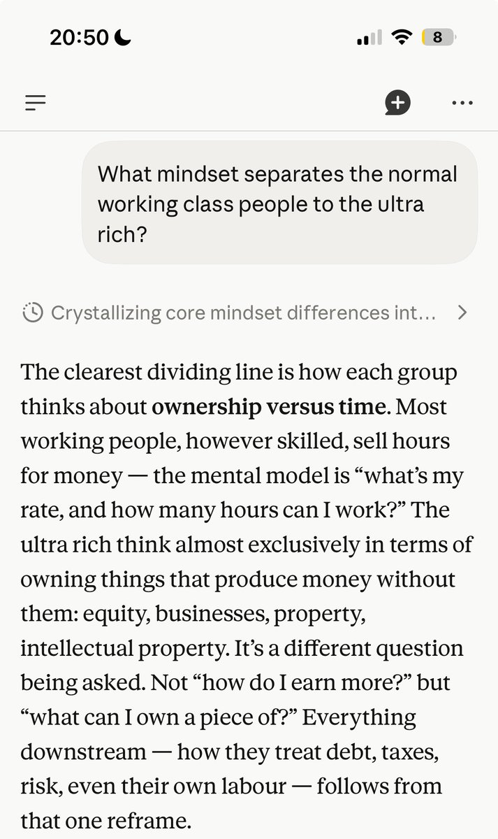 PromptLLM's tweet photo. Opus 5 telling you the mindset you need to get rich https://t.co/FmlhB4YkLQ