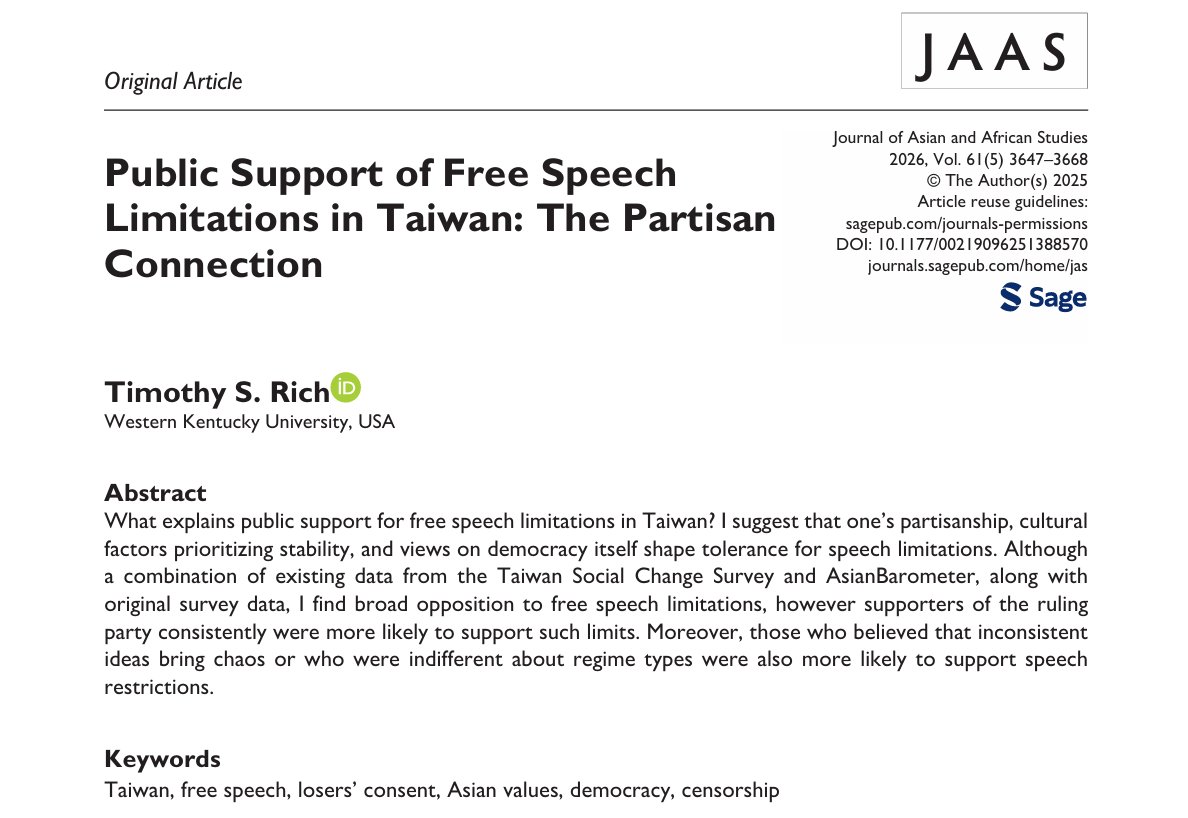 Wubenmensheng's tweet photo. Rich shows that Taiwanese broadly oppose government limits on speech, yet ruling-party supporters are more accepting of them. Across five surveys, social-order concerns and indifference toward regime type also predict greater support for restrictions.

https://t.co/qJVRx0YtCR https://t.co/BWeX1lcSQZ