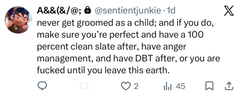 flowerfoid's tweet photo. Nobody cares that you were groomed as a kid, we care that you victimize others constantly then turn around and try to manipulate your audience after and appear innocent. https://t.co/8b27GZ2LjV