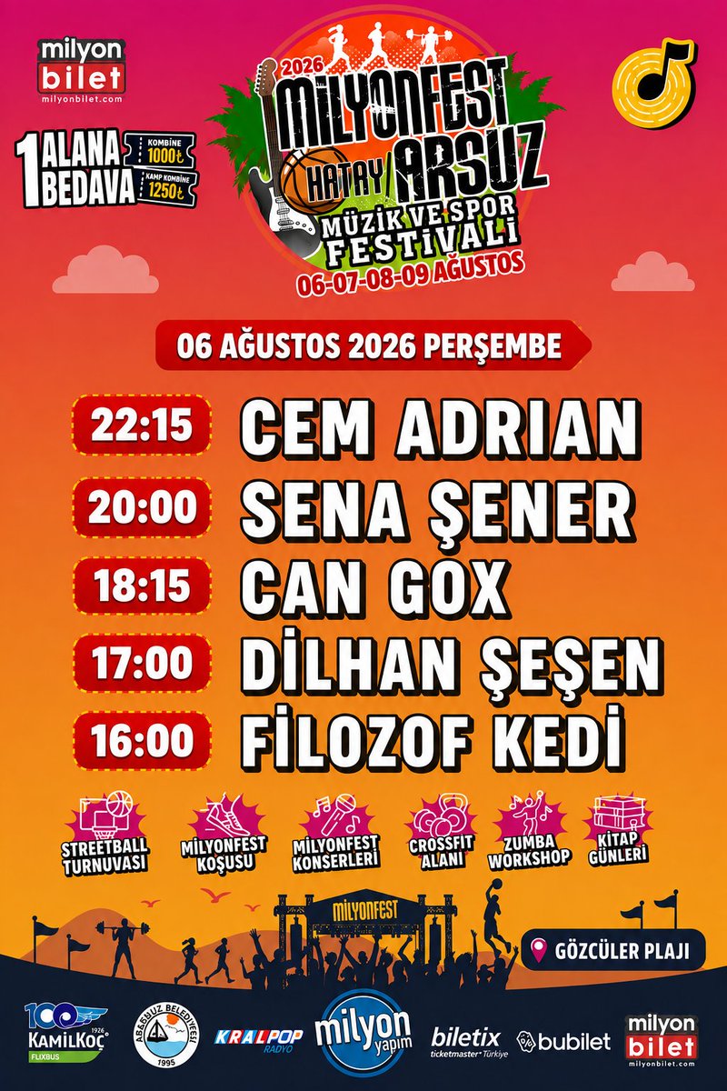 iamhakanbey's tweet photo. Hatay Milyonfest 6 Ağustos 2026 Perşembe Line-UP! #MilyonYapımOrganizasyon, #Milyonfest, #HatayMilyonfest2026, #İskenderun, #Hatay, #Arsuz, #Gözcüler, #Sahil, #Kamp, #Plaj, #Deniz, #Kum, #Güneş, #SosyoPub, #MilyonTV, #MilyonBilet, #ŞakPay, #MilyonToken, #YüzdeyüzMüzik https://t.co/ZoIaOghora