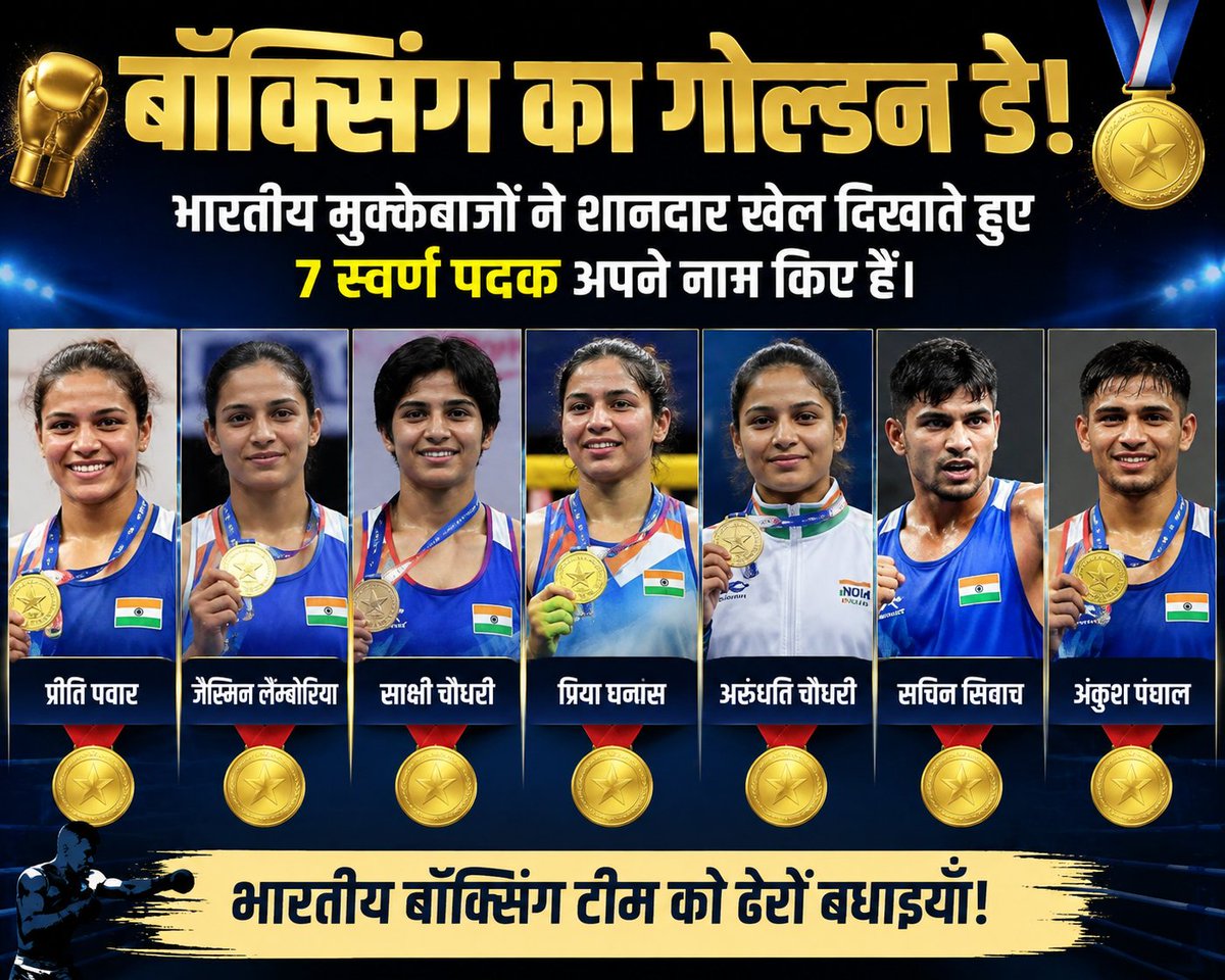 Shankar10344480's tweet photo. 🇮🇳🥊 7 भारतीय मुक्केबाज़ों ने शानदार प्रदर्शन करते हुए स्वर्ण पदक जीतकर तिरंगे का मान पूरी दुनिया में बढ��ाया। प्रीति पवार, जैस्मिन लैम्बोरिया, साक्षी चौधरी, प्रिया घनघस, अरुंधति चौधरी, सचिन सिवाच और अंकुश पंघाल🥇#IndianBoxing #TeamIndia #GoldMedal #ProudIndian #Champions #Boxing https://t.co/g9LsLbJu4o
