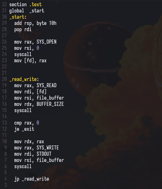 sudox7's tweet photo. recreated a minimal version of the Unix cat utility in x86-64 assembly https://t.co/fff7fueN9B