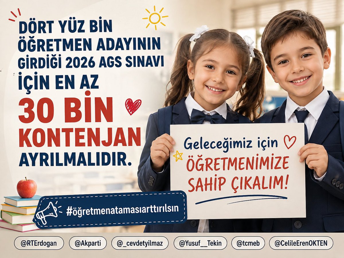 rdvan_oktar's tweet photo. Dört yüz bin öğretmen adayının girdiği 2026 AGS sınavı  için en az 30 bin kontenjan ayrılmalıdır.
#öğretmenatamasıarttırılsın https://t.co/KK419v3KRU