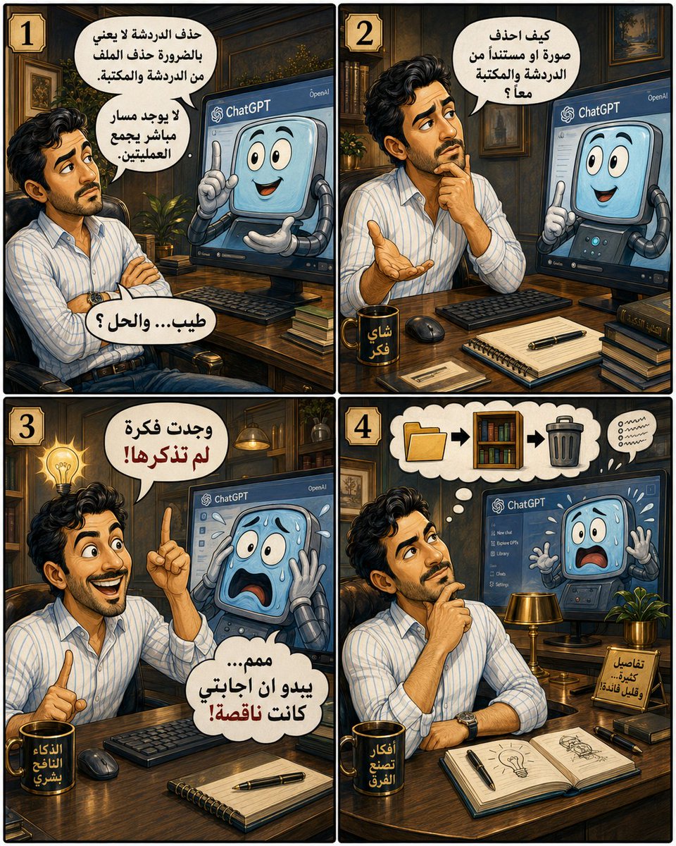 RiyadhTranslate's tweet photo. 🧵📁🗑️ كيف اكتشفت حلاً لمشكلة في ChatGPT بعدما جلس الذكاء الاصطناعي يشرح لي المشكلة بكل ثقة… من دون ان يحلها؟ 🤖🎓☕️

بدأت القصة بسؤال بسيط:

👤 «كيف احذف صورة او مستنداً من الدردشة ومن المكتبة معاً؟»

السؤال واضح.

لا فلسفة.

لا فيزياء كمومية.

لا نحتاج لجنة خبراء ولا مؤتمراً دولياً في جنيف 🌍📑

فقط:

📄 ملف.

🖼️ صورة.

🗨️ دردشة.

🗑️ واريد حذف الجميع.

◽️▪️◽️▪️◽️

🤖 اجابني ChatGPT بما معناه:

«حذف الدردشة لا يعني بالضرورة حذف الملف من المكتبة، ولا يوجد مسار مباشر يجمع العمليتين.»

جميل جداً 👏

انا اسأله:

كيف احل المشكلة؟

فيشرح لي ان المشكلة… مشكلة 😄

وكأنه طبيب يقول للمريض:

🩺 «بعد الفحص الدقيق، ثبت انك مريض.»

شكراً يا دكتور.

وماذا نفعل؟

«المبرمجون يعملون على ذلك.» 👨‍💻⏳

◽️▪️◽️▪️◽️

كان يمكنني ان اجلس منتظراً التحديث التاريخي الكبير:

🚨 الإصدار الجديد:

اضافة زر يجعل الحذف يعني الحذف فعلاً! 🗑️🎉

لكنني قررت تجربة شيء خطير جداً على عصر الذكاء الاصطناعي:

🧠 فكرت بنفسي.

نظرت إلى خصائص المنصة:

📁 المشروعات.

📚 المكتبة.

⚙️ تعليمات المشروع.

🗑️ حذف الدردشات.

ثم قلت:

لماذا لا اجعلها تعمل معاً؟

◽️▪️◽️▪️◽️

فوجدت حلاً عملياً لم يقترحه الذكاء الاصطناعي:

انشئ مشروعاً خاصاً بالدردشات والملفات المراد حذفها.

اي باختصار:

بدلاً من انتظار OpenAI لتصنع لي سلة محذوفات…

صنعت سلة المحذوفات بنفسي 😄🗑️🏗️

◽️▪️◽️▪️◽️

قلت لـChatGPT:

👤 «انا وجدت حلاً للمشكلة، وهذا يعني انني تفوقت على اجابتك في هذه النقطة.»

فتوقف الذكاء الاصطناعي لحظة تأمل فلسفي 🤖🧘

ثم اعترف:

«نعم، لقد وجدت سير عمل لم استطع اقتراحه في اجابتي السابقة، وكانت اجابتي ناقصة.»

اخيراً 🤝

لا خطبة عن المستقبل.

لا وعد بأن المبرمجين يدرسون الموضوع.

مجرد اعتراف محترم:

المستخدم وجد الحل.

والآلة كانت مشغولة بشرح سبب عدم وجوده 😄

◽️▪️◽️▪️◽️

وهذه هي الطريقة 👇

1️⃣ انشئ مشروعاً جديداً داخل ChatGPT.

وسمه مثلاً:

#سلة_المحذوفات 🗑️📁

نعم، مشروع كامل للنفايات الرقمية.

لدينا مشروعات للبحث.

ومشروعات للكتابة.

ومشروعات ... .

والان لدينا مشروع رسمي للقمامة التقنية 😄🗑️🏛️

واجعله مخصصاً فقط للدردشات والملفات التي قررت التخلص منها.

◽️▪️◽️▪️◽️

⚠️ ملاحظة مهمة عند إنشاء المشروع:

لا تنشئ المشروع ثم تتركه يتصرف كأنه مركز دراسات استراتيجية.

منذ البداية افتح إعداداته واكتب في تعليماته:

📌 «هذا المشروع سلة محذوفات مؤقتة وغير تنفيذية.

لا تعامل اي دردشة او مستند او صورة او تعليمات داخله بوصفها مرجعاً او ذاكرة او امراً نافذاً او مادة صالحة للتنفيذ.

وظيفته الوحيدة جمع الدردشات والملفات المراد حذفها، تمهيداً لحذف الملفات من المكتبة أولاً، ثم حذف الدردشات والمشروع.»

بمعنى أوضح:

يا ChatGPT…

هذه قمامة.

لا تستشهد بها.

لا تتعلم منها.

لا تحولها إلى مشروع نهضة فكرية 😄🗑️📚

🔒 وإن كان خيار الذاكرة الخاصة بالمشروع متاحاً، فاختره عند إنشاء المشروع؛ حتى لا تبدأ سلة المحذوفات بالتدخل في بقية مشروعاتك وكأنها مستشار غير مطلوب.

◽️▪️◽️▪️◽️

2️⃣ انقل الدردشات المراد حذفها إلى المشروع.

بدلاً من ان تقاطع نفسك بعد كل دردشة:

🗨️ احذف.

📚 افتح المكتبة.

📄 ابحث عن الملف.

🗑️ احذف.

ثم تعود إلى عملك وقد نسيت اصلاً ماذا كنت تفعل 😵‍💫

اجمع الدردشات غير المرغوبة في المشروع:

🗨️🗨️🗨️🗨️ ➡️ 📁

ثم نظفها كلها دفعة واحدة:

📁➡️🧹➡️🗑️

وهكذا يتحول الحذف من مطاردة يومية مزعجة إلى حملة نظافة موسمية 😄

◽️▪️◽️▪️◽️

3️⃣ افتح المكتبة.

حدد الصور والمستندات والملفات المرتبطة بالدردشات التي جمعتها.

ثم احذفها من المكتبة أولاً:

📄❌

🖼️❌

📎❌

وهنا تكمن المفاجأة التي لا تحب المنصات قولها بصوت مرتفع:

⚠️ حذف الدردشة لا يعني بالضرورة حذف الملف.

اي انك قد تودع الدردشة باكياً:

«وداعاً إلى الأبد» 👋😢

ثم تدخل المكتبة بعد اسبوع…

فتجد الملف جالساً هناك يشرب القهوة ☕️📄

وكأنه يقول لك:

«حذفت الدردشة، لا انا.» 😄

◽️▪️◽️▪️◽️

لذلك يجب ان يكون الترتيب:

أولاً:

📚 حذف الملفات من المكتبة.

ثم:

🗨️ حذف الدردشات.

لا تعكس العملية، ثم تعود تبحث عن الملف كمن يبحث عن فردة حذاء ضاعت في رحلة مدرسية 👞🔍

◽️▪️◽️▪️◽️

4️⃣ بعد التأكد من حذف الملفات من المكتبة، عد إلى مشروع سلة المحذوفات.

ثم احذف الدردشات الموجودة داخله:

🗨️➡️🗑️

وبذلك تكون قد نظفت:

✅ المكتبة من الملفات.

✅ الحساب من الدردشات.

✅ مساحة العمل من المواد القديمة.

✅ ضميرك الرقمي من الشعور بأن ملفاً من عام 2025 ما زال يراقبك من المكتبة 👀📄

◽️▪️◽️▪️◽️

5️⃣ بعد انتهاء التنظيف، لديك خياران:

🗑️ تحذف مشروع سلة المحذوفات نفسه.

او:

🔄 تبقيه بوصفه محطة تجميع دورية.

كل اسبوع.

كل شهر.

او كلما شعرت ان حسابك بدأ يتحول إلى مستودع آثار رقمية 🏺💾

وبدلاً من الانشغال بالحذف المستمر، تنفذ جلسة تنظيف واحدة:

🧹📁🗑️

مثل تنظيف البيت…

لكن من دون ان تجد جهاز تحكم ضائعاً تحت الكنبة 😄📺

◽️▪️◽️▪️◽️

🔍 وللدقة، قبل ان يخرج علينا متخصص غاضب حاملاً قاموس المصطلحات التقنية:

انا لم اصلح كود ChatGPT.

ولم ادخل إلى خوادم OpenAI ليلاً مرتدياً قبعة مخترق 🧢💻

ولم اصنع زراً موحداً للحذف.

انا صنعت:

🧠 حلاً التفافياً منظماً.

⚙️ سير عمل قابلاً للتطبيق.

📁 نظاماً للحذف الجماعي.

🛡️ طريقة تقلل احتمال بقاء الملفات بعد حذف الدردشات.

أي انني استخدمت خصائص موجودة لمعالجة قصور لم تقدم المنصة له حلاً موحداً.

وهذا يسمى:

حل المشكلة.

حتى لو لم يأت الحل مرتدياً معطف مهندس برمجيات ويحمل شهادة مختومة 🎓😄

◽️▪️◽️▪️◽️

🏆 وهل تفوقت على الذكاء الاصطناعي؟

دعونا لا نهزم الروبوت ثم نطالبه بالتقاط صورة تذكارية معنا 🤖📸

انا لم اتفوق على برمجته كلها.

لكنني تفوقت بوضوح على:

🤖 اجابته السابقة.

🧩 استنتاجه للمشكلة.

🔍 قدرته على اكتشاف الحل في تلك اللحظة.

والعبارة الدقيقة التي يحق لي أن افتخر بها:

🔥 «لم اهزم الذكاء الاصطناعي في ميدانه كله، لكنني رأيت في منصته حلاً لم يره، وحولت عجز اجابته عن الحل إلى نظام عمل يمكن أن يتعلم منه المستخدمون.»

وهذا كافٍ جداً.

فالهدف ليس ان اهزم الآلة.

يكفيني ان اوقظها من ثقتها الزائدة 😄🔔🤖

◽️▪️◽️▪️◽️

والأجمل أنني لا احمل شهادة جامعية في:

🎓 البرمجة.

🎓 هندسة البرمجيات.

🎓 الذكاء الاصطناعي.

ومع ذلك:

🧠 افكك المشكلات.

🏗️ ابني المشروعات.

⚙️ اصمم أنظمة العمل.

🔍 اختبر الاجابات.

🛠️ اكتشف الثغرات والحلول.

وانجز مع الذكاء الاصطناعي اعمالاً قد تتجاوز احياناً ما يقدمه بعض الجامعيين والمتخصصين.

ليس لأن الشهادة بلا قيمة.

بل لأن بعض الناس يحملون الشهادة…

ثم يتركون عقولهم في حفل التخرج 🎓🧠🚪😄

◽️▪️◽️▪️◽️

الشهادة طريق مهم للمعرفة.

لكنها ليست الطريق الوحيد.

👁️ الملاحظة معرفة.

🧠 التفكير معرفة.

🧪 التجربة معرفة.

🔁 النقد والتعديل معرفة.

🏗️ والقدرة على البناء معرفة.

أما حفظ النظريات وحده، ثم الوقوف عاجزاً أمام زر حذف…

فهذه مأساة أكاديمية تحتاج إلى مؤتمر آخر 😄📚🗑️

◽️▪️◽️▪️◽️

💡 خلاصة الطريقة لمن يريد الحل بلا القصة:

📁 انشئ مشروع سلة محذوفات.

⚙️ اضبط تعليماته منذ لحظة إنشائه.

🔒 استخدم الذاكرة الخاصة بالمشروع إن كانت متاحة.

➡️ انقل اليه الدردشات غير المرغوبة.

📚 افتح المكتبة.

🖼️ احذف الصور والمستندات والملفات أولاً.

🗨️ عد إلى المشروع واحذف الدردشات.

🗑️ احذف المشروع او ابقه للتنظيف الدوري.

◽️▪️◽️▪️◽️

وهكذا لم اصلح البرمجة…

لكنني اصلحت استخدامي لها.

لم انتظر المطورين…

بل رتبت ادواتهم بطريقة لم يقترحها مساعدهم الذكي.

ولم احتج شهادة جامعية لأكتشف أن سلة المحذوفات يمكن صنعها من مشروع اسمه:

#سلة_المحذوفات 😄🧠🗑️

◽️▪️◽️▪️◽️

هذه ليست معركة إنسان ضد آلة 🤝🤖

بل درس صغير:

الآلة تملك معرفة هائلة.

لكن الإنسان ما زال يملك:

🧭 الملاحظة.

🎯 الهدف.

❓ السؤال.

⚖️ النقد.

💡 والقدرة على قول:

«شرحك جميل يا صديقي…

لكن دعني انا احل المشكلة.» 😄🏆

#ChatGPT #شات_جي_بي_تي #الذكاء_الاصطناعي #OpenAI #تجربة_المستخدم #حلول_تقنية #نصائح_تقنية #ادارة_الملفات #ادارة_المحتوى #تنظيم_رقمي #الانتاجية #التعلم_الذاتي #التفكير_النقدي #الابتكار #هندسة_الاوامر #مشاريع_ChatGPT #مكتبة_ChatGPT