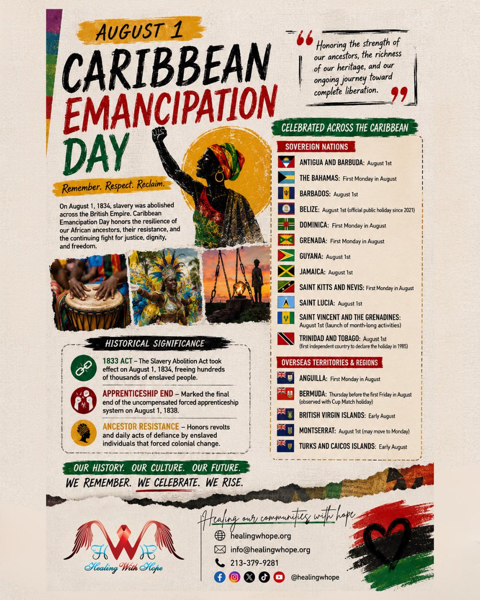 HealingwHope's tweet photo. Today we honor the resilience of our African ancestors and celebrate Caribbean Emancipation Day. Freedom came through courage, resistance, and sacrifice. We remember, celebrate, and continue the pursuit of justice for future generations. #EmancipationDay #CaribbeanHeritage https://t.co/TmZ14CIjWF
