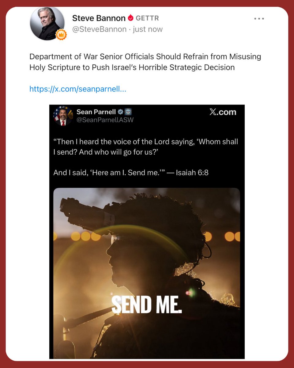 Bannons_WarRoom's tweet photo. Department of War Senior Officials Should Refrain from Misusing Holy Scripture to Push Israel’s Horrible Strategic Decision 

https://t.co/GSOgxbLFbl https://t.co/eM2eUTKJH6