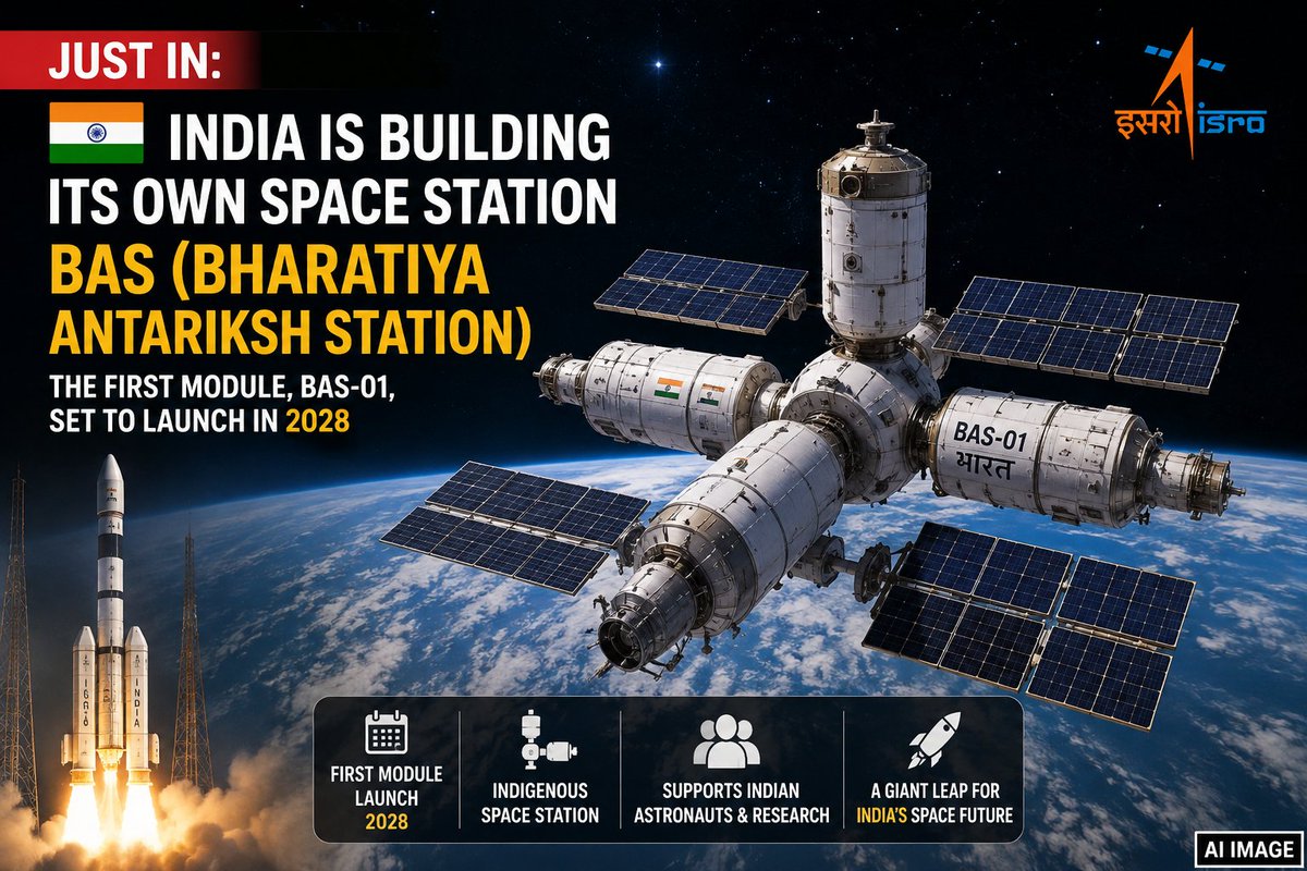 IndiantechAI's tweet photo. 🚨 JUST IN: 🇮🇳 India is building its own space station, the Bharatiya Antariksh Station (BAS)! 🚀
The first module, BAS-01, is scheduled to launch in 2028, marking a major milestone in India's human spaceflight and space exploration ambitions. 🌍✨🇮🇳 https://t.co/fQxgDneO0H