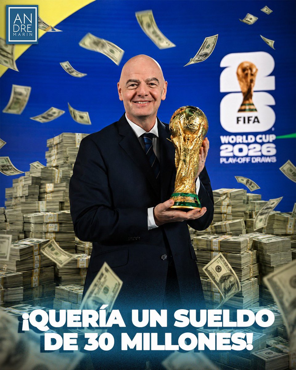 andremarinpuig's tweet photo. ¡INFANTINO QUERÍA UN SUELDO DE 30 MILLONES! 😳💰🫰🏼

Martyn Ziegler, el reportero del 'The Times' que destapó el plan de Gianni Infantino para vender acciones de la Copa del Mundo a inversores privados, reveló que el presidente de la FIFA tenía en la mira recibir un sueldo de 30 MILLONES DE DÓLARES al año más bonos en este proyecto.

La mala noticia para Infantino es que, ahora que todo se vino abajo, varias de las Federaciones más poderosas del mundo están en su contra e incluso algunos patrocinadores están preocupados por la imagen que dejó.