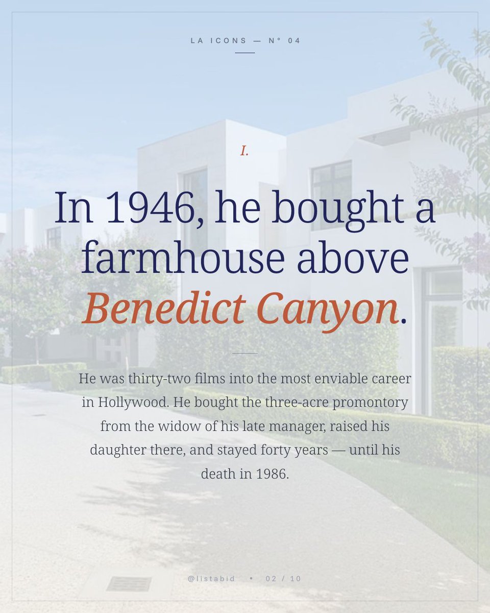 listabidre's tweet photo. Cary Grant lived here for forty years. LA ICONS — N° 04.

In 1946 he was thirty-two films into the most enviable career in Hollywood when he bought a modest farmhouse on a three-acre promontory above Benedict Canyon.

List free at https://t.co/6ogJTmwWbs — link in bio.

#LAIcons https://t.co/H2FkbQuR1J