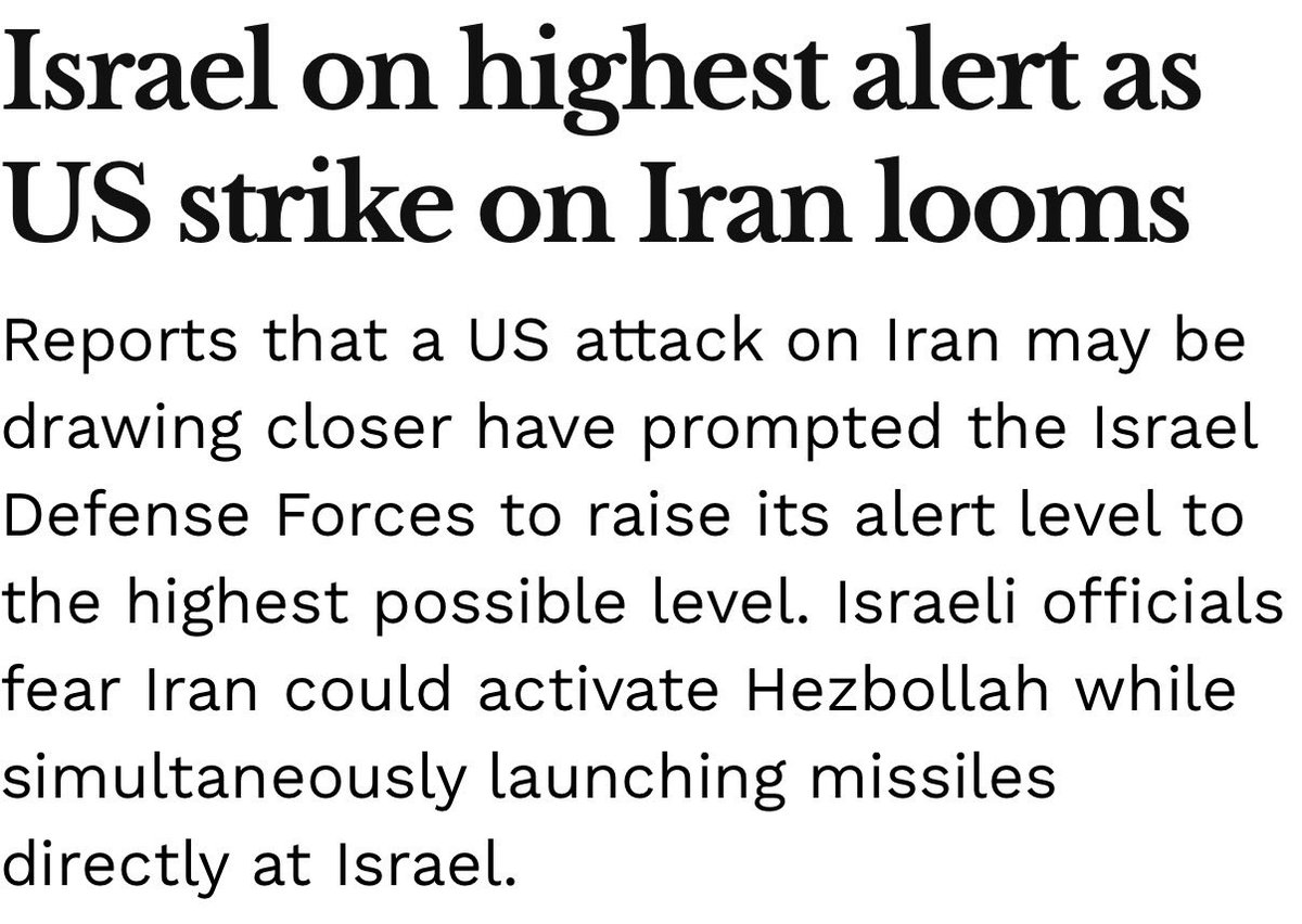 Worldsource24's tweet photo. Israel Hayom: Israel Defense Forces has raised its alert level to the highest possible level. 

This does not mean Israel will take part in US strikes. However, Israeli officials are preparing for the possibility that Iran will launch missiles at Israel as American attacks intensify.

The IDF's offensive units are on alert in case Israel is required to respond, or US President Donald Trump asks it to join the operation. In addition, the IDF has independent plans for strikes in Iran, as well as joint plans with the US Central Command, but it is far from certain that Israel will participate in any American attack on Iran. 

https://t.co/1RhsxK6YQJ