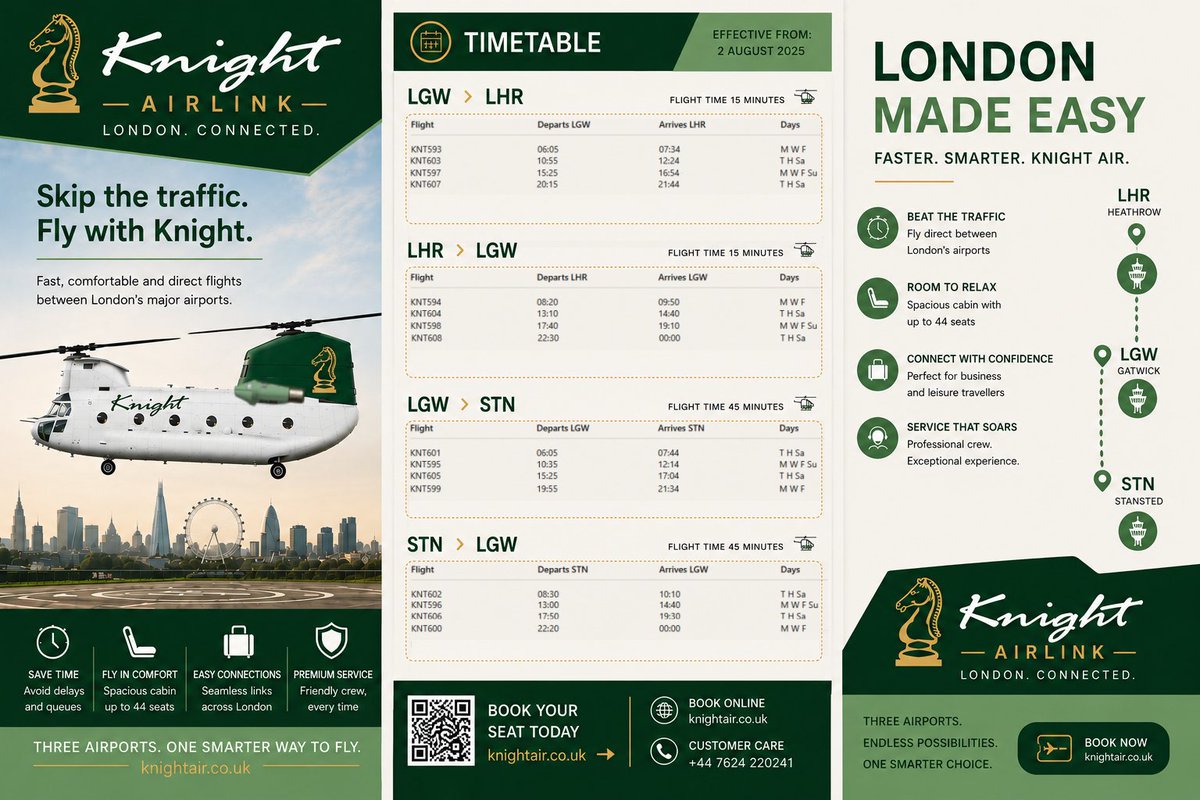 KnightAirVA's tweet photo. Quite good what Ai can produce. Sorry to say we're not a real airline so we can't bring back the LGW-LHR helicopter link for real! We exist only as a simulation and virtual aviation enthusiasts group. https://t.co/fqUzWDRuLL