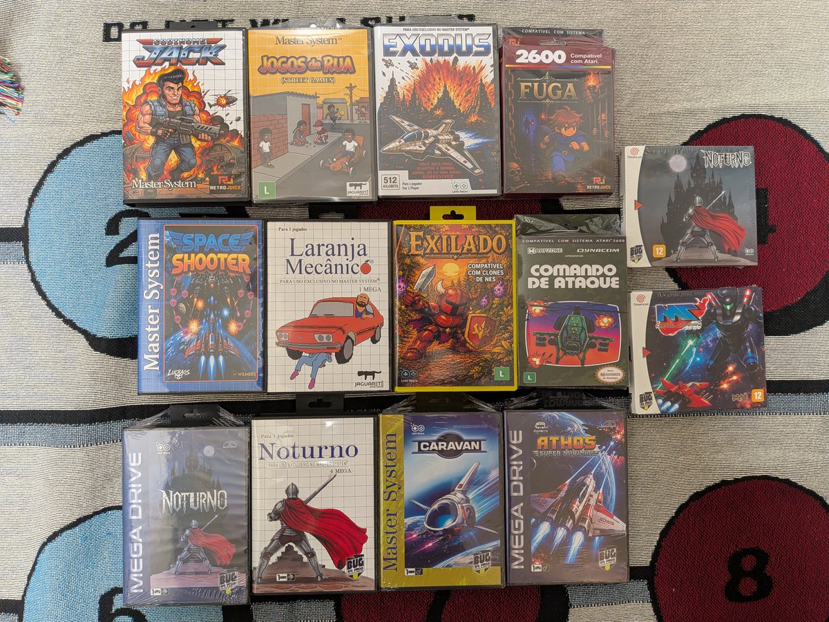 johnblueriggs's tweet photo. Brazil is doing great with new indie games on classic consoles. Here are my Master System, Mega Drive, Atari, DC, and one NES (famicom) gets from @retroconoficial developed in Brazil. https://t.co/ZszWfsD3Qb