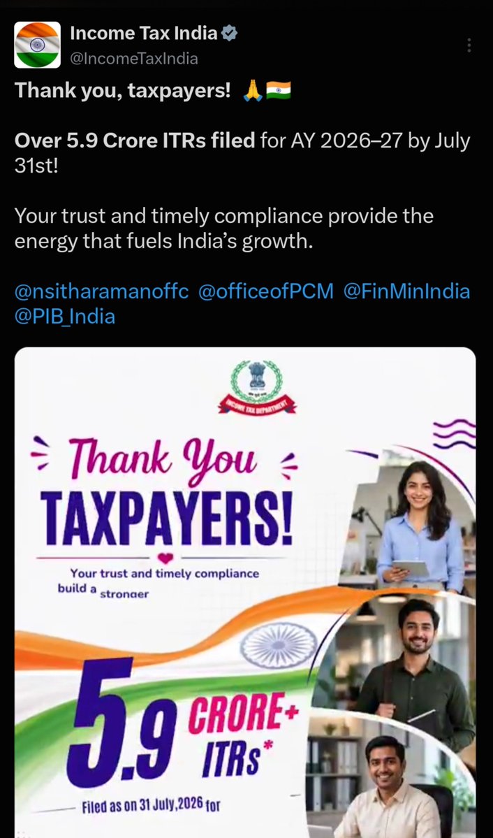 IndiaTaxTalk's tweet photo. filing a return and actually paying tax are very different numbers. A large share of ITR filers report zero net tax liability  especially now, since the rebate under Section 87A effectively makes income up to ₹12 lakh (new regime) tax-free. I think we all can do the simple math that number who actually hand over money is meaningfully way smaller. 
Thanks for Paying the taxes hope policy maker will bring some fresh idea on new Ladla bhai/Behna scheme. Happy contributing .