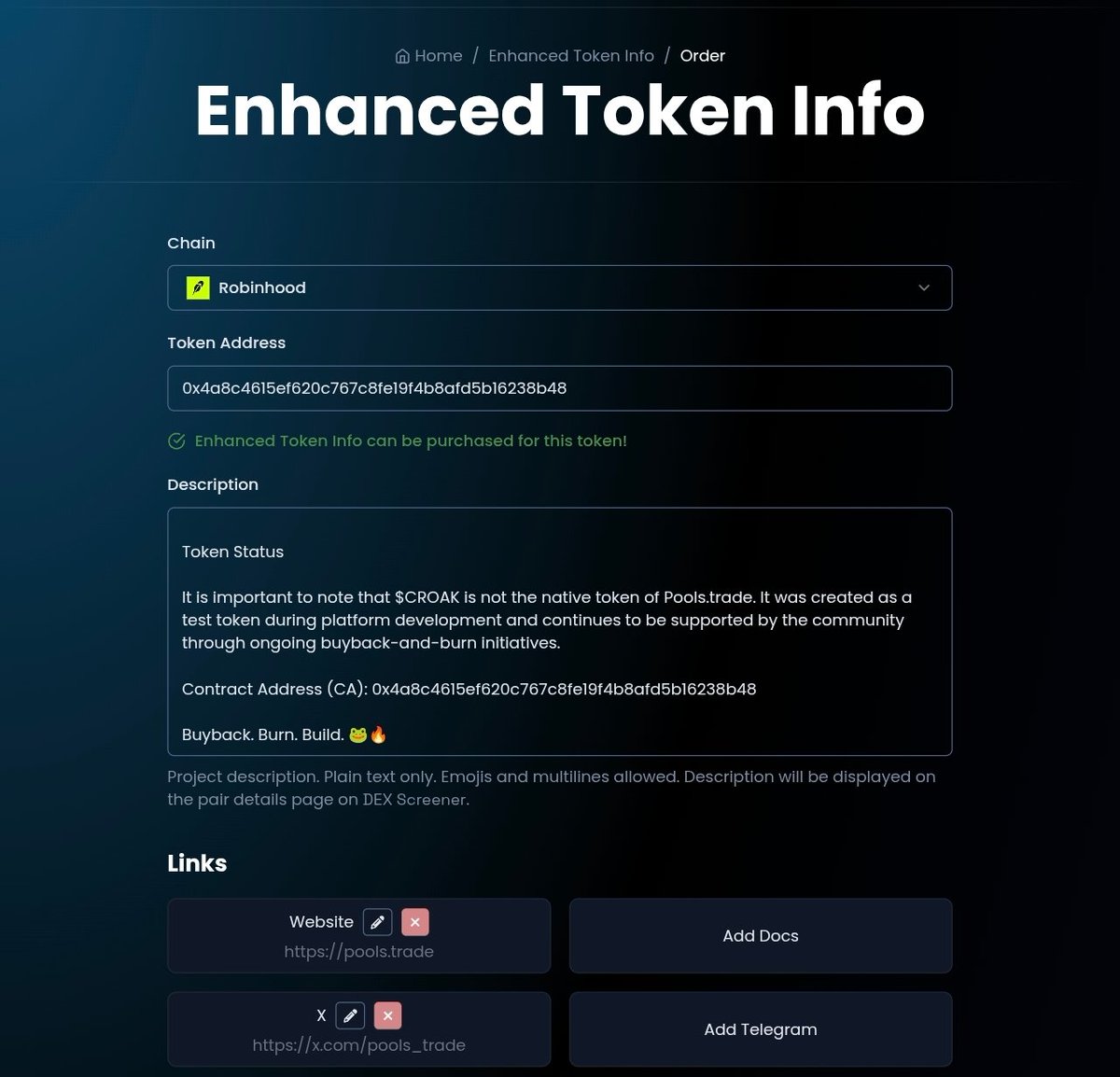 pools_trade's tweet photo. Dexscreener update:

We're now pre-filling the Enhanced Token Information for $CROAK in preparation for the next step.

Everything is being set up behind the scenes as we get ready for our DEX payment.

🐸 $CROAK
0x4a8c4615ef620c767c8fe19f4b8afd5b16238b48

DEX payment next. 👀

Stay tuned for more updates. 💚
