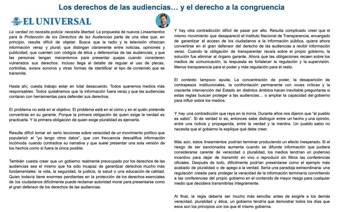 edelamadrid's tweet photo. Todos queremos medios más responsables. Todos quisiéramos que la información fuera veraz y que las audiencias contaran con herramientas para defender sus derechos.

El problema no está en el objetivo. El problema está en el cómo y en el quién pretende convertirse en su garante. Porque la primera obligación de quien exige la verdad es practicarla. Y la primera obligación de quien exige pluralidad es ejercerla.

Les comparto mi reflexión de esta semana sobre los nuevos Lineamientos para la Protección de los Derechos de las Audiencias. No se la pierdan. 

🔗 Substack: https://t.co/IDVAjkSB6B

🔗 El Universal: https://t.co/eUClfGDrTm