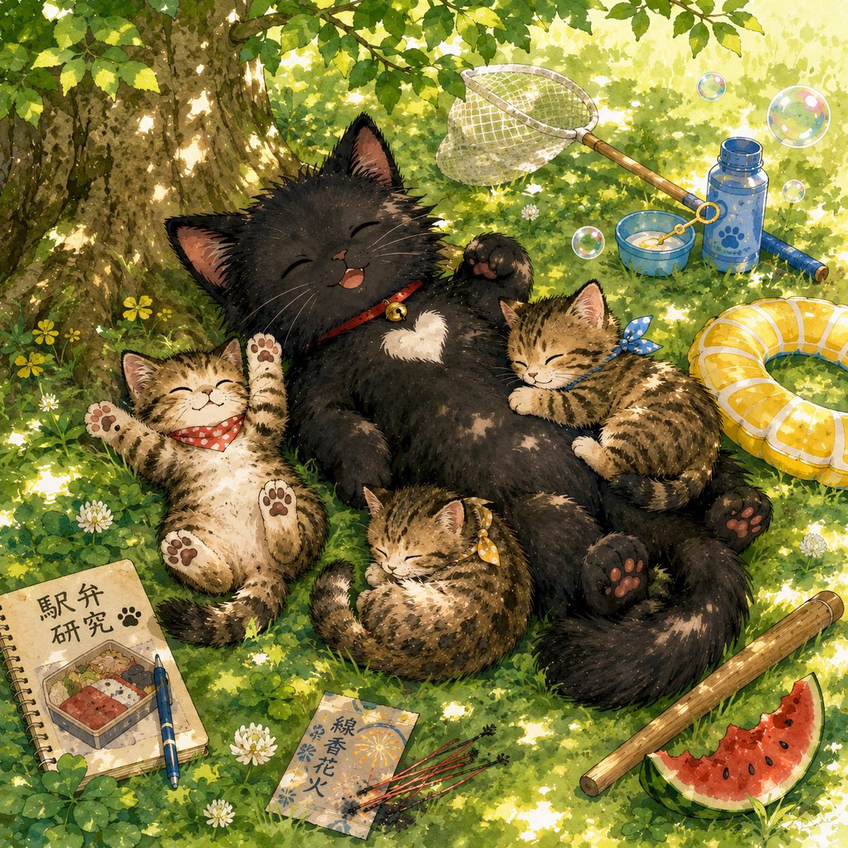 jun_blair_melon's tweet photo. おはにゃ〜😴 🐈‍⬛ 🐾 いっぱい遊んで今日はみんなでごろん♪ 夢の中でも夏休みを満喫中にゃ💤 また来週もいっぱい遊ぼうにゃ😊

#黒猫 #猫 #お昼寝 #夏休み #癒し #イラスト #猫好き #クロ https://t.co/qFWRAbClbM