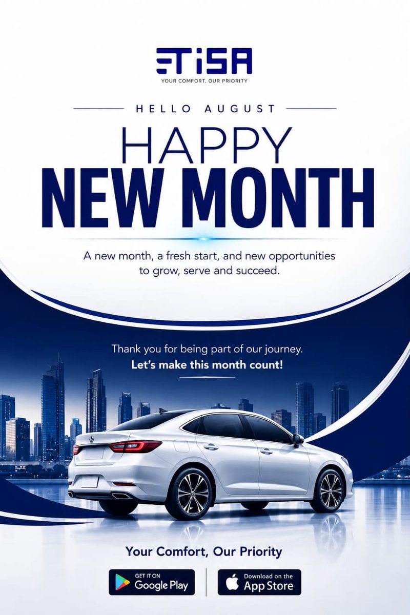 TisaDrive's tweet photo. Hello August!
A new month brings new journeys. Ride with Tisa Drive and enjoy comfort, safety, and convenience every trip. Happy New Month https://t.co/WDqyqCuhXv