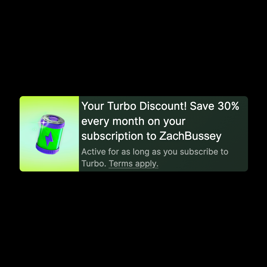 zachbussey's tweet photo. Twitch is testing giving Active Turbo Subscribers a 30% Discount on one Tier 1 monthly Channel sub. 

The discount is shared between Twitch and the Creator. https://t.co/zMpkM8KBnS