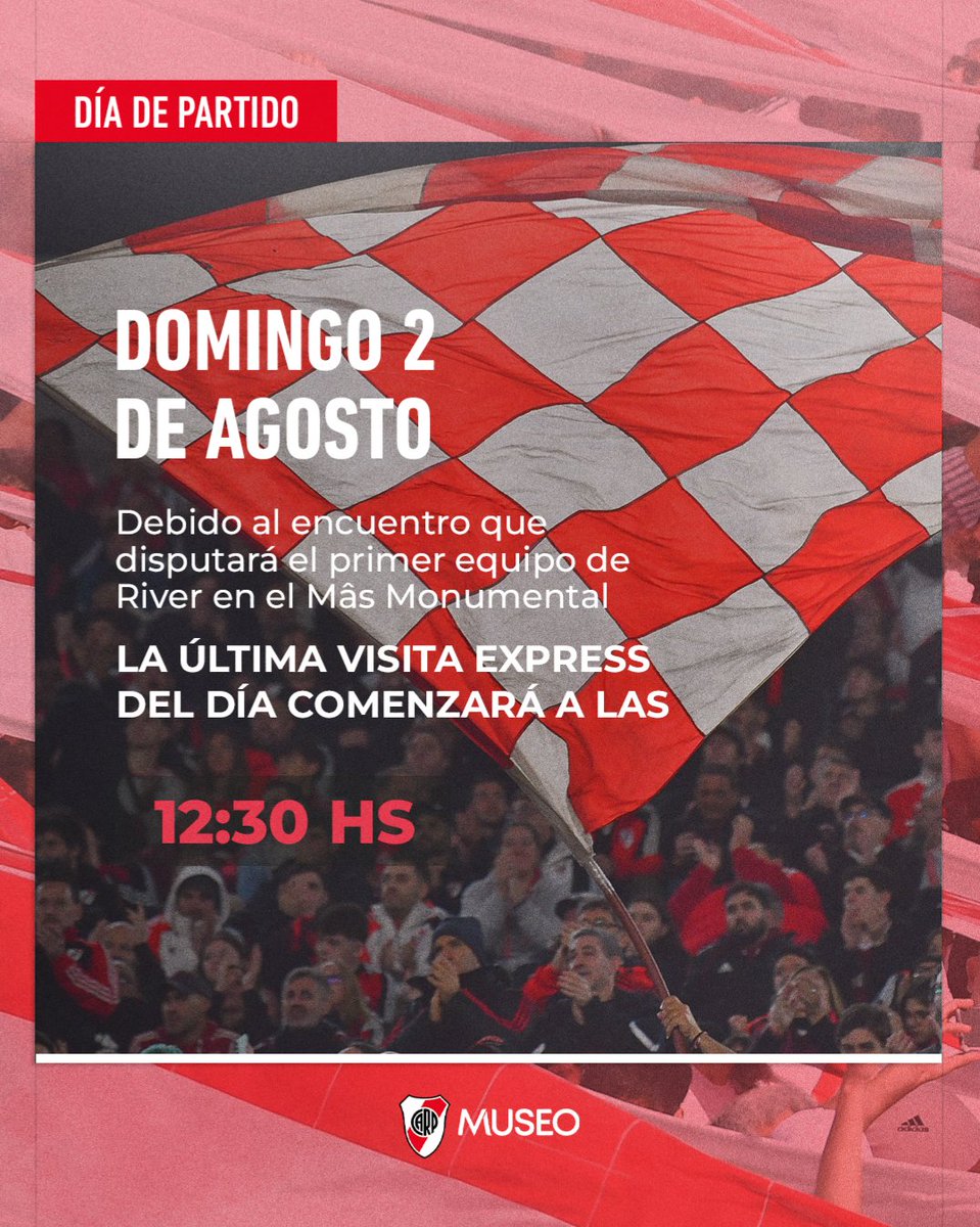 MuseoRiver's tweet photo. 📣 [𝗜𝗠𝗣𝗢𝗥𝗧𝗔𝗡𝗧𝗘] Horarios del Museo River para el domingo 2 de agosto 🏛📆

🕙 Apertura: 10:00 hs.
💺 Última Visita Express: 12:30 hs.
🚫🏟 Sin Estadio-Tour Full
🕑 Cierre: 14:00 hs. https://t.co/fYRolwDAPC
