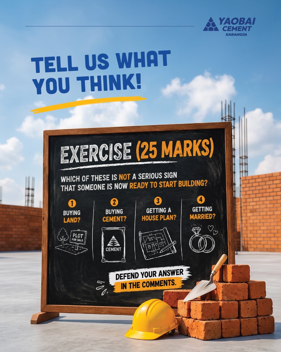 yaobaicementug's tweet photo. You think you know what’s important on the journey to
building your dream home? Well let’s find out.
#BuildingTest #YaobaiCement #KibaKiggwa- https://t.co/J0wMiOPzKq