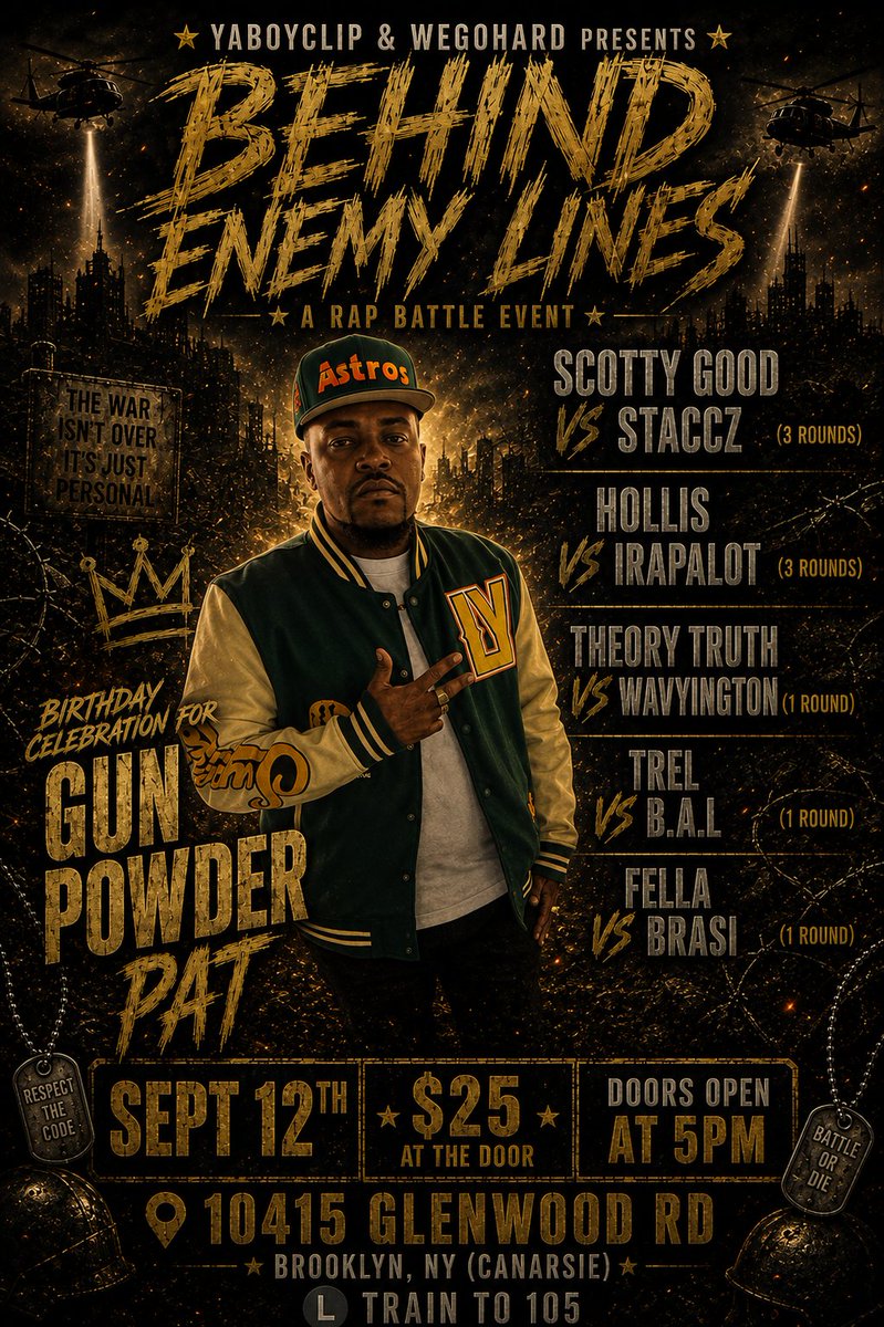 Ybc4k's tweet photo. WEGOHARD YABOYCLIP PRESENTS BEHIND ENEMY LINES HOSTED BY @ItsReading
 VOL 1 YABOYCLIPFILMS  PRODUCTION SO U KNO ITS MOVIE TIME  

ALSO BDAY CELEBRATION FOR KING NOVA &amp; GUN POWDER PAT 
25$ AT THE DOOR  10415 GLENNWOOD RD BROOKLYN 
DOORS OPEN AT 5PM ITSAVIBE https://t.co/KQtgBNAcWn