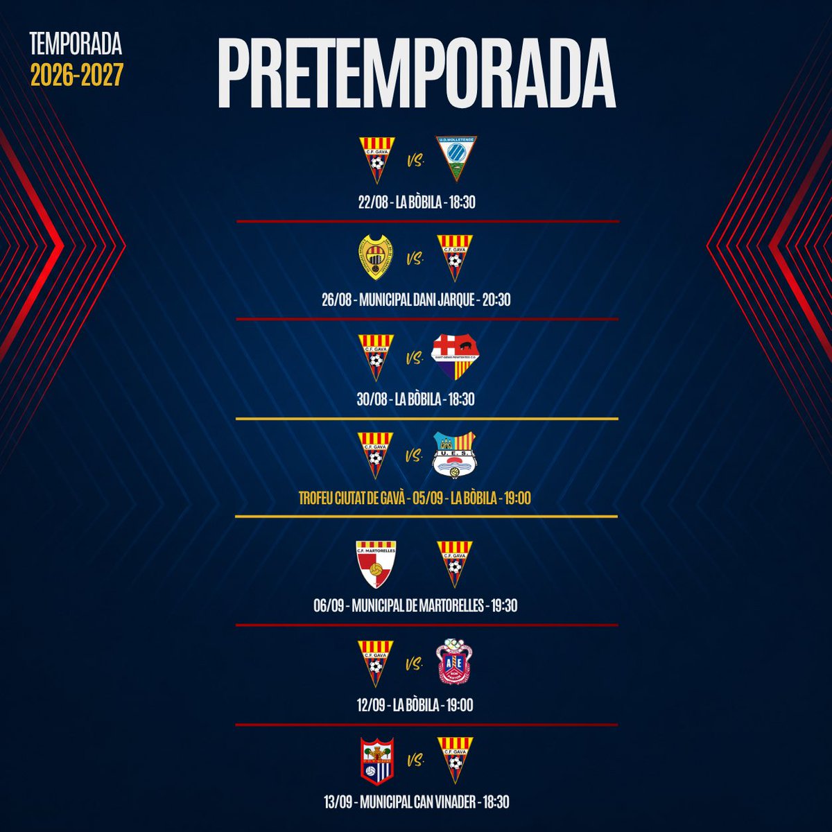 cfgavaoficial's tweet photo. PRETEMPORADA | 🗓️

🔜 Aquests seran els partits que disputarà el nostre equip aquesta pretemporada. Us hi esperem! 

#SentimentBlaugrana https://t.co/W7VduMOkeS