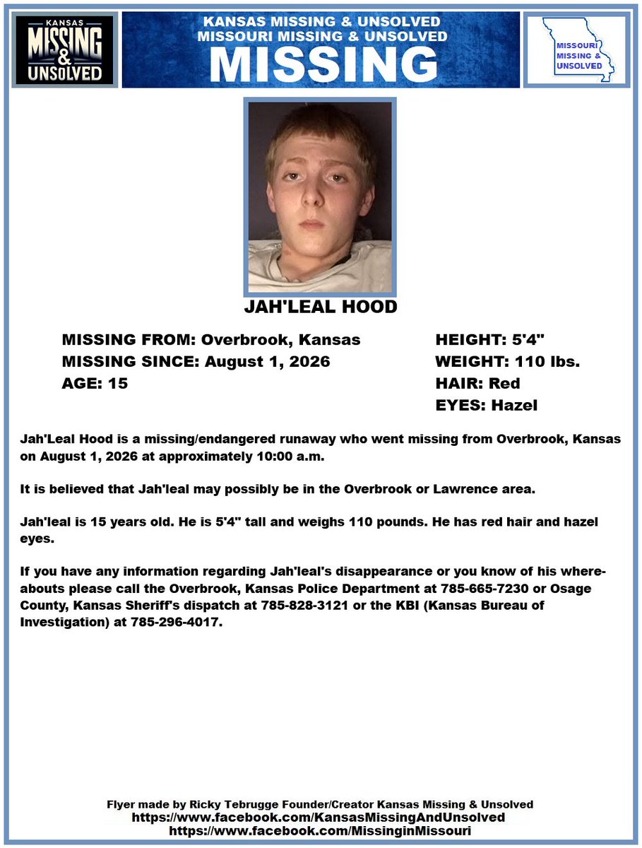 KansasMissing's tweet photo. #MISSINGPERSON #MISSING PLEASE SHARE/PRINT/POST!!! JAH'LEAL HOOD (OVERBROOK, KANSAS)!!!

#KansasMissing 
#KansasMissingPerson
#MissingInKS 
#MissingInKansas 
#MissingKansan 
#Overbrook 
#Kansas
@AnnetteLawless https://t.co/dpu5ONeeho